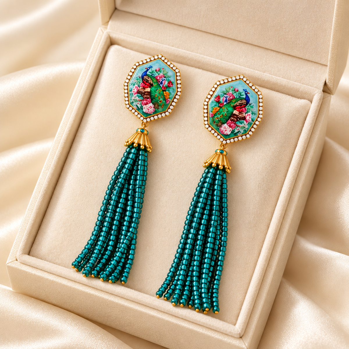 Kongqueling enamel peacock bead tassel stud earrings — photo 1
