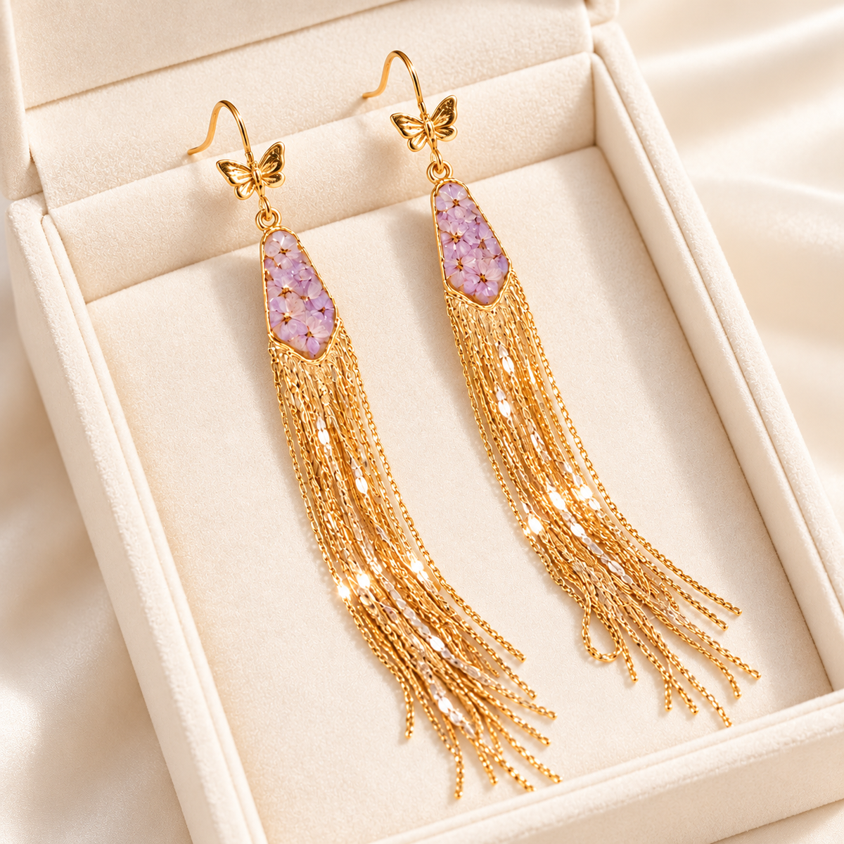 Zijin preserved flower gold tassel earrings — photo 1
