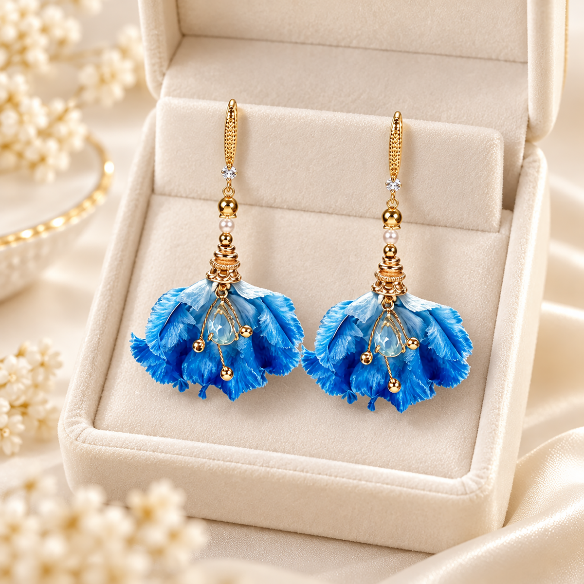 Pair of blue water-iris mulberry-silk Ronghua drop earrings with fishhook wires, in a cream jewelry box