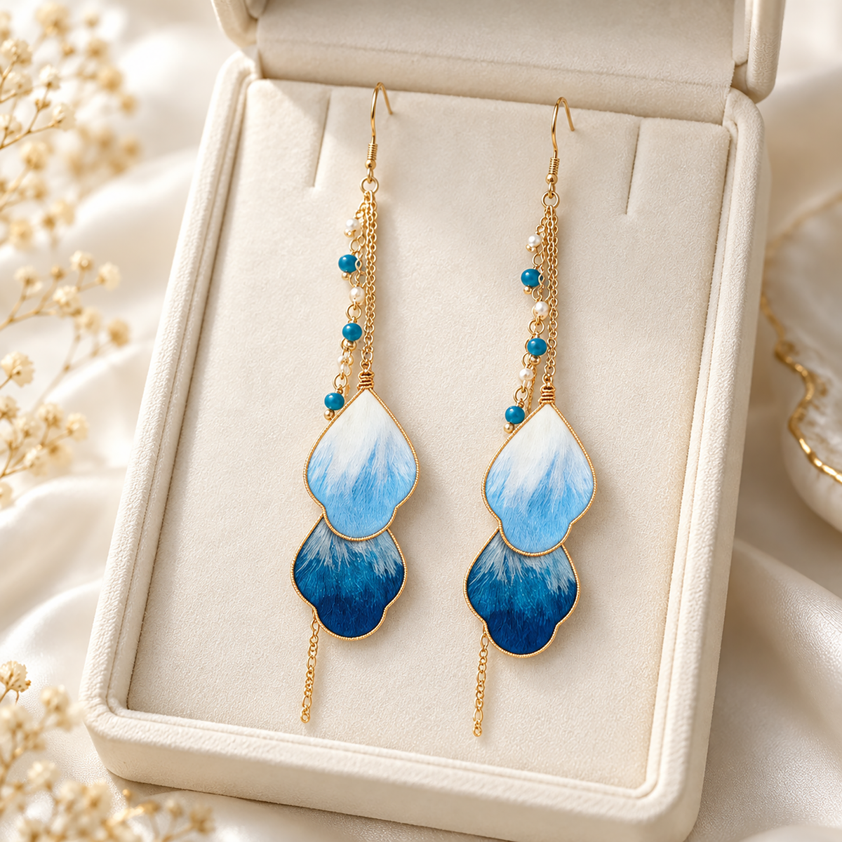 Pair of blue vine mulberry-silk Ronghua drop earrings with fishhook ear wires, set in a cream jewelry box
