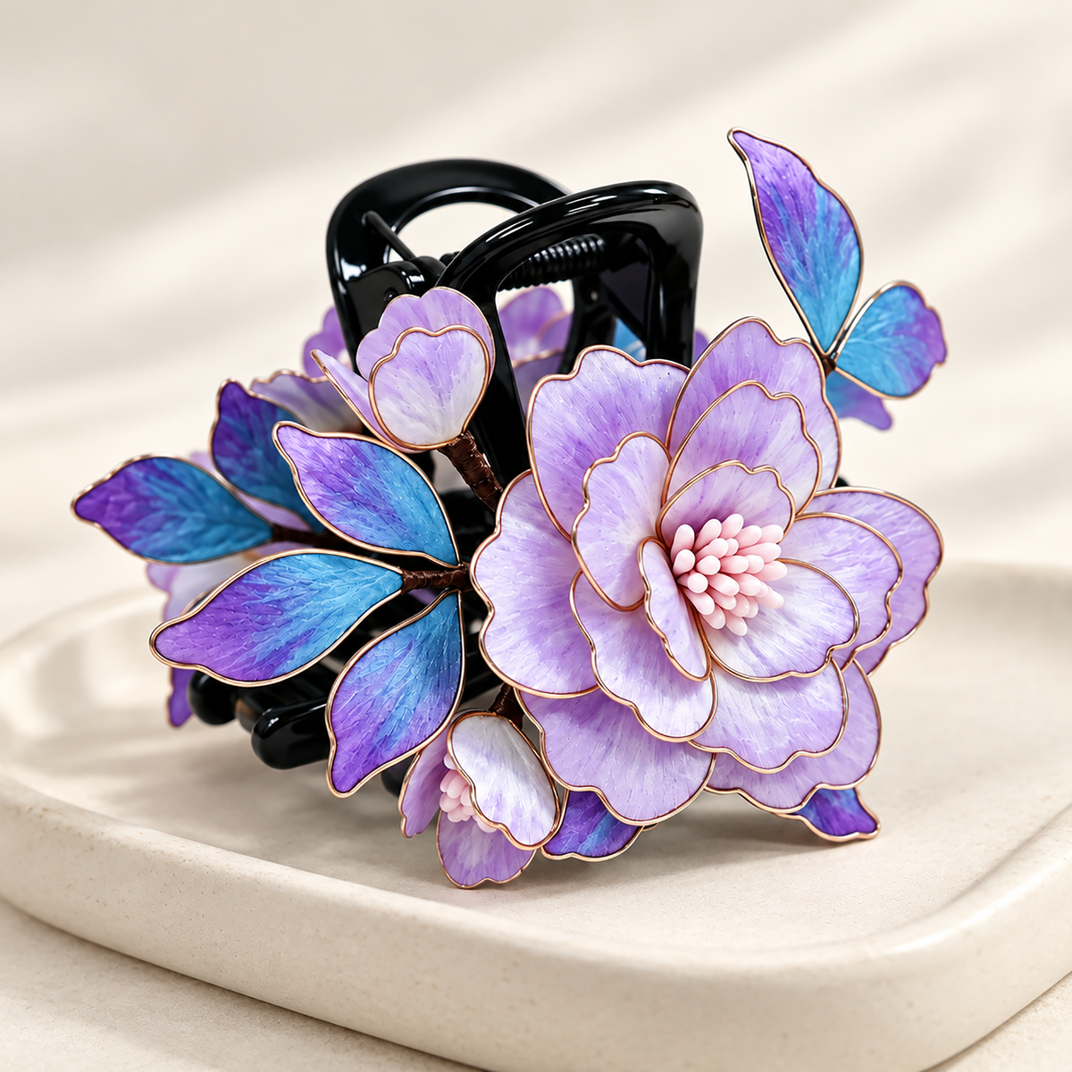 Purple violet mulberry-silk Ronghua claw hair clip on a ceramic tray