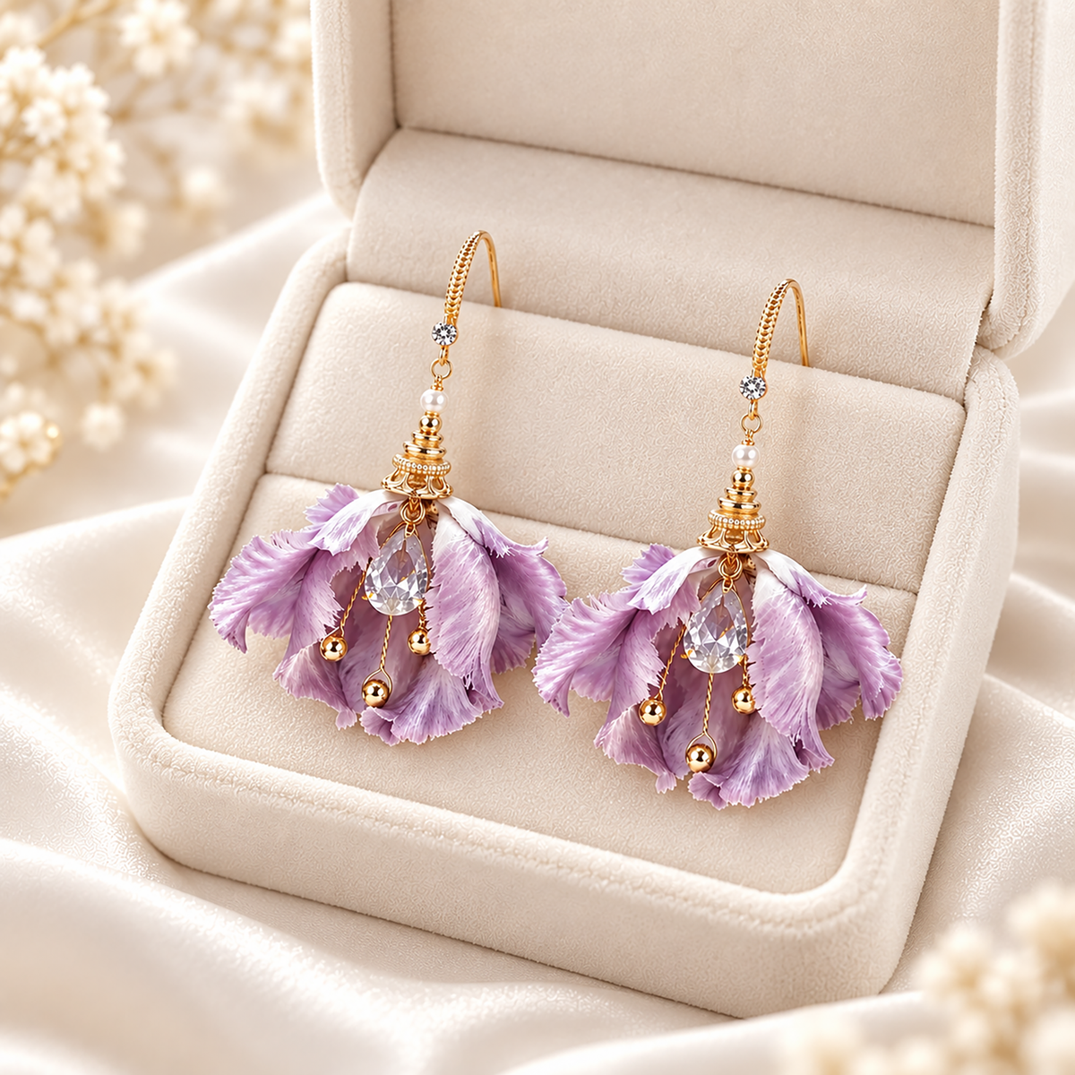 Pair of purple iris mulberry-silk Ronghua drop earrings with fishhook ear wires, set in a cream jewelry box