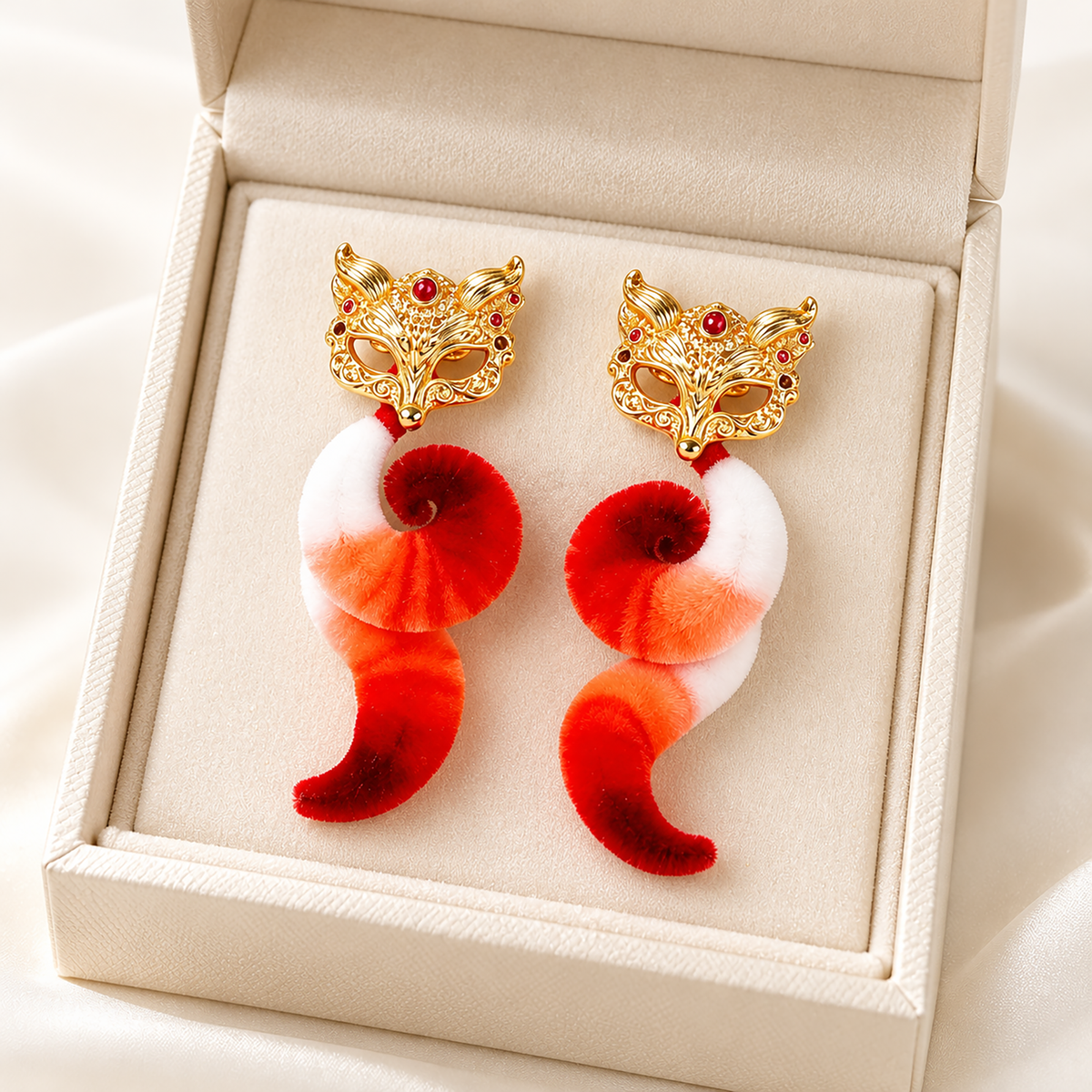 Little fox mulberry-silk Ronghua stud earrings in gift box