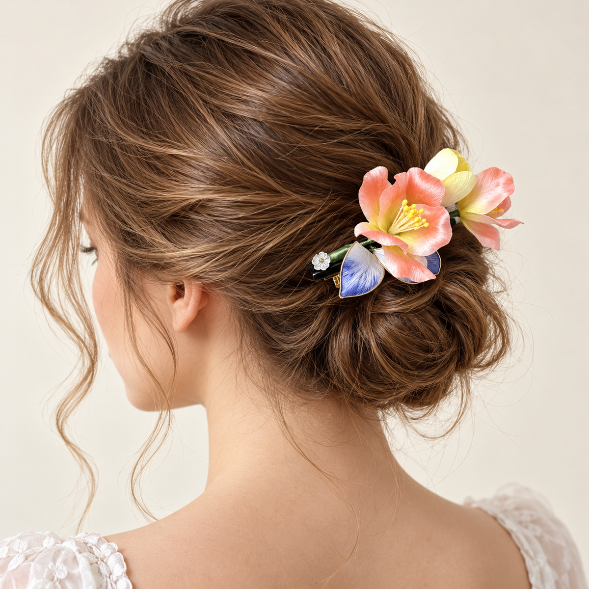 Coral blossom Ronghua hair clip worn in a low bun
