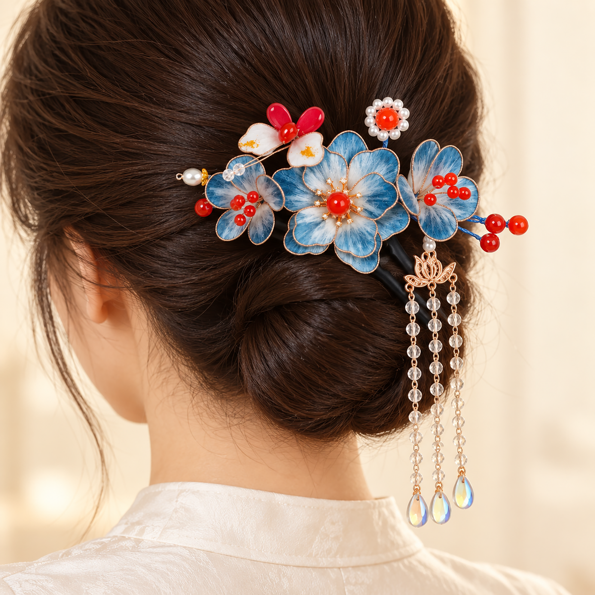 Side-back view of the blue blossom hairpin styled in an updo
