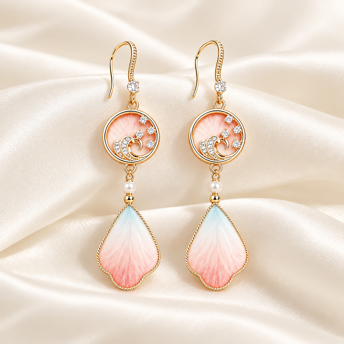 Pink-blue gradient silk Ronghua drop earrings on cream fabric