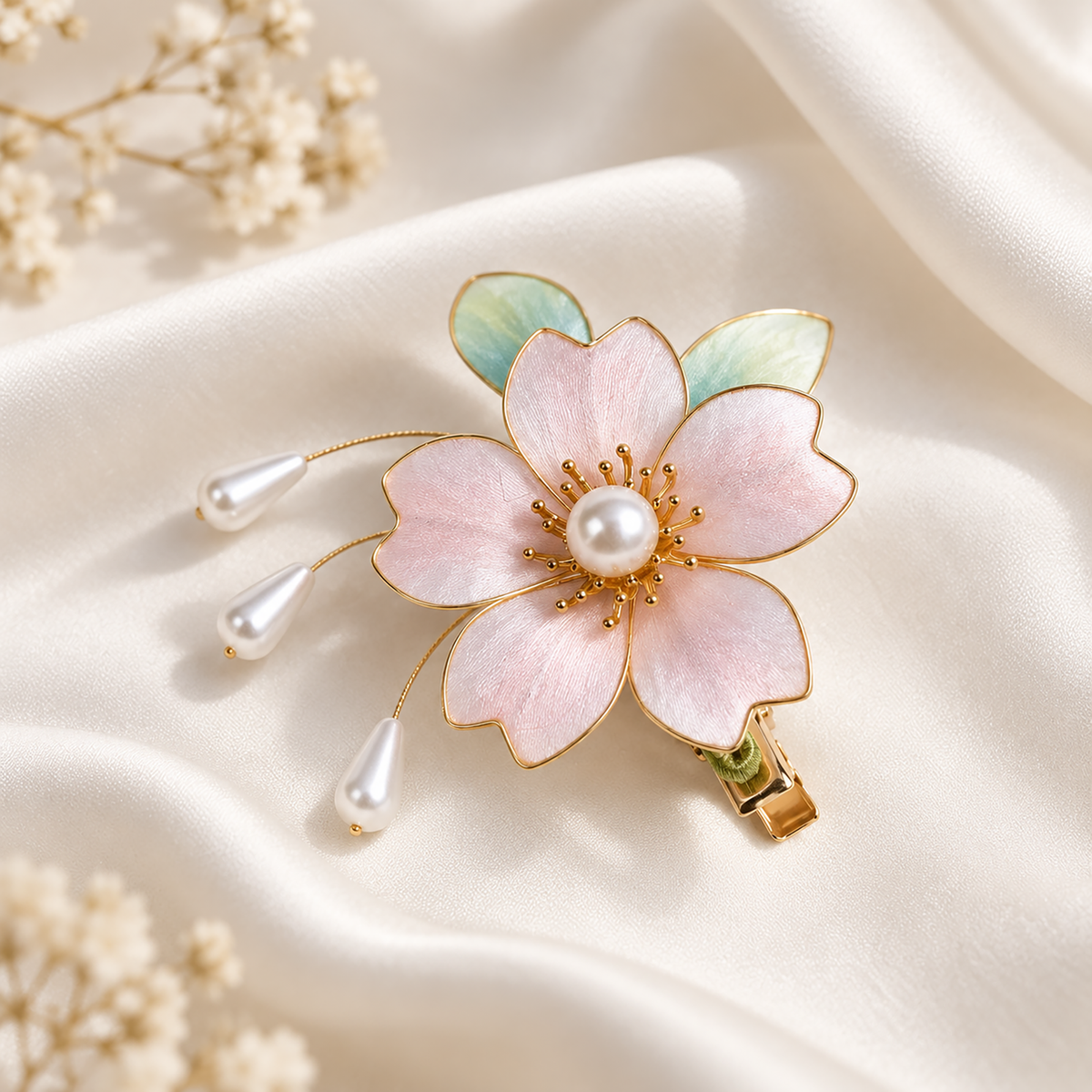 Pink silk Ronghua hair clip with pearl-like drops on cream satin