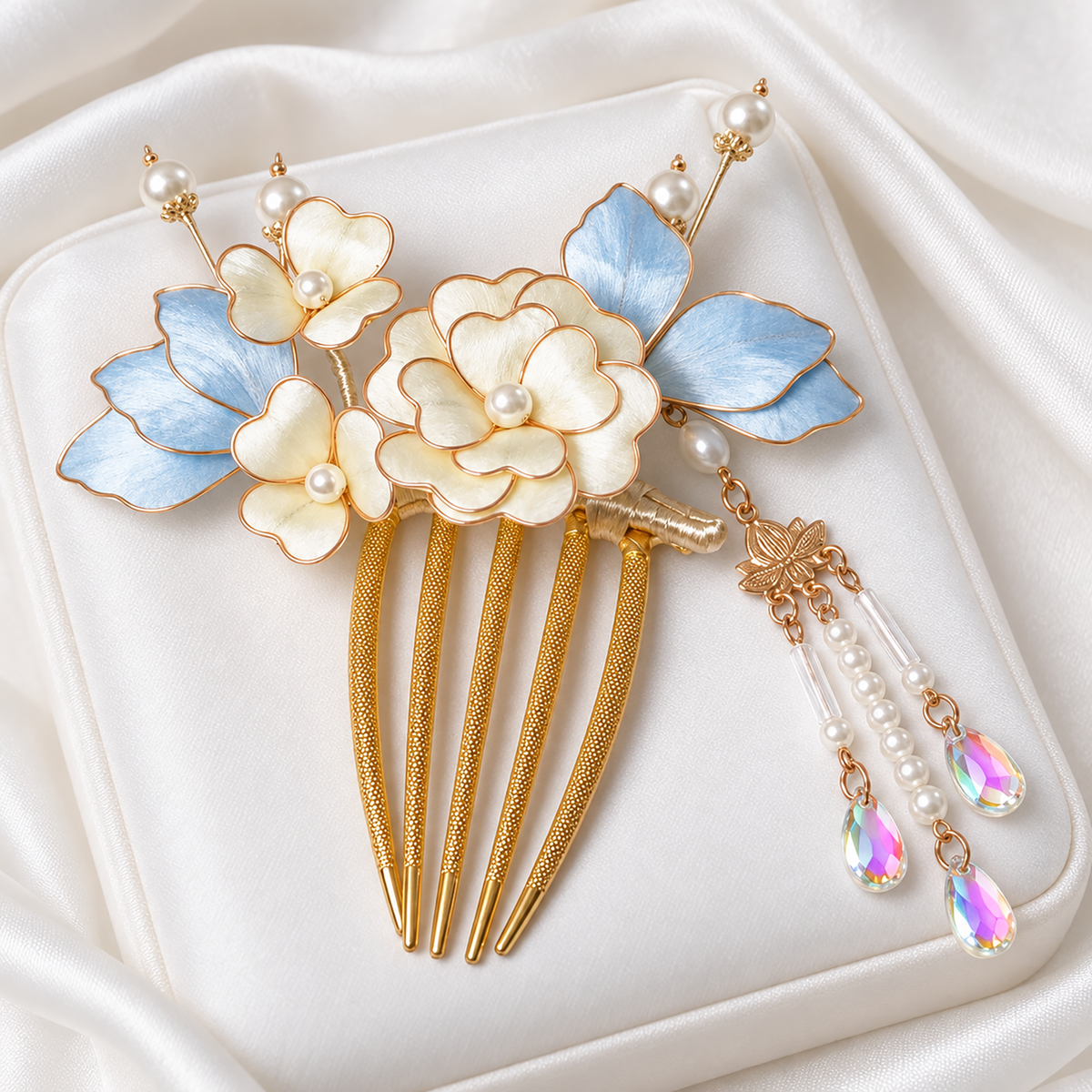 Ivory blossom Ronghua tassel hair comb on an ivory cushion