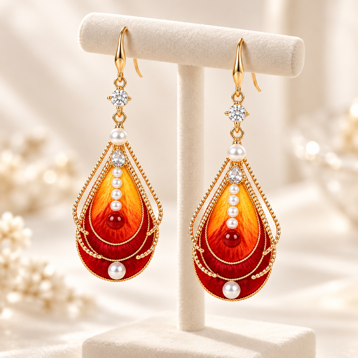 Vermilion-bird silk Ronghua drop earrings hanging from a display stand, fishhook wires and pearl-like beads visible