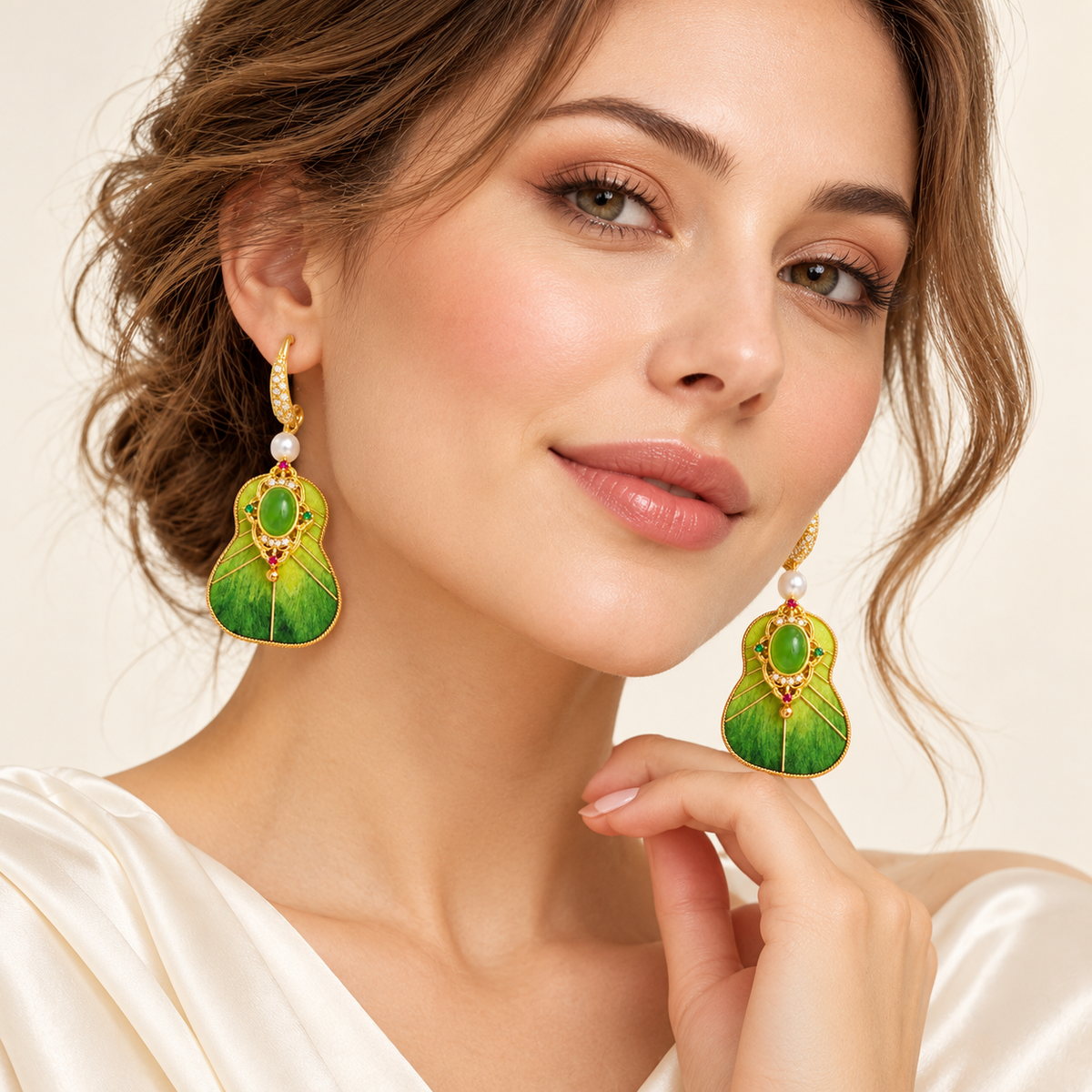 Cuiyu princess fan earrings worn, front view