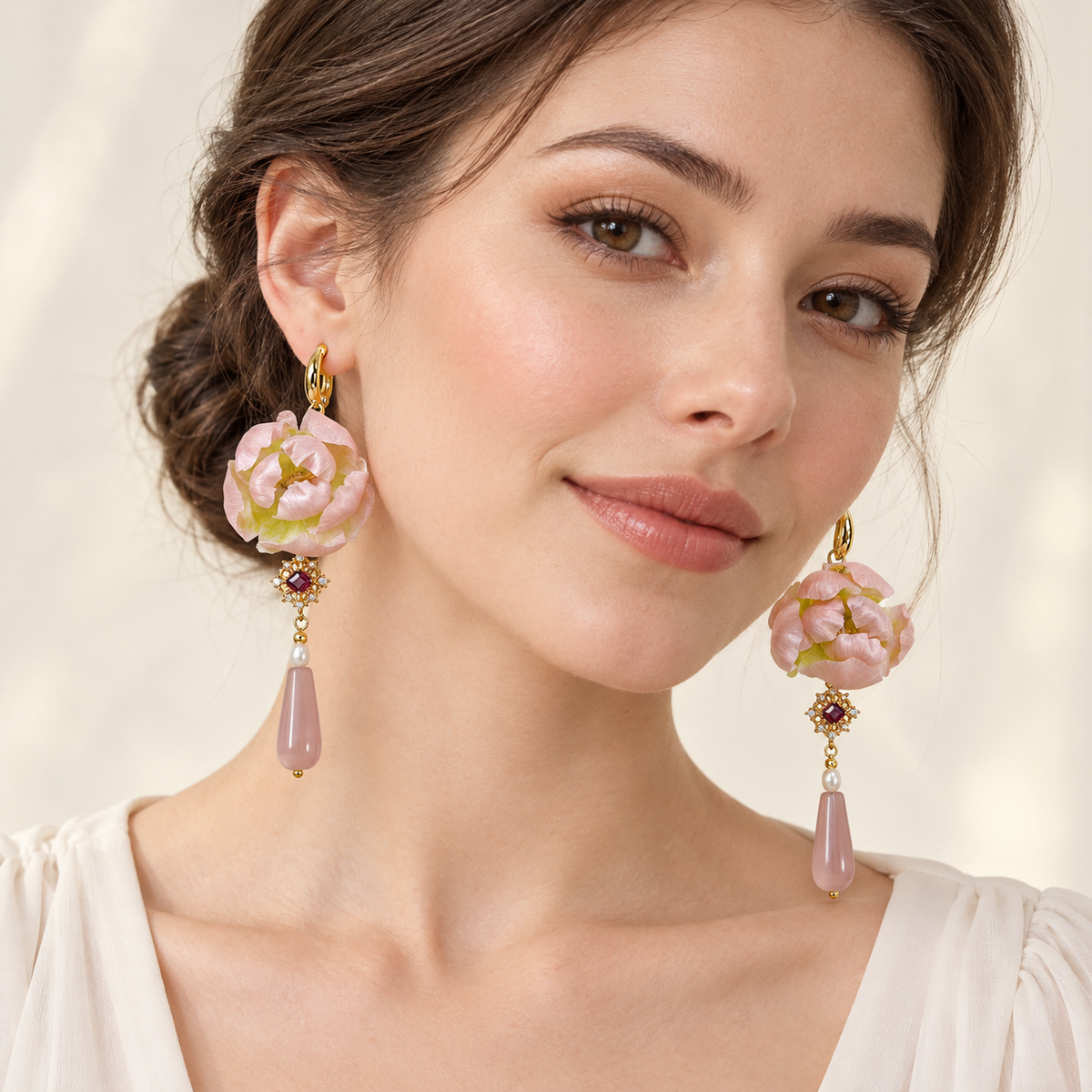 Pink Peony Bud Ronghua Drop Earrings — photo 2