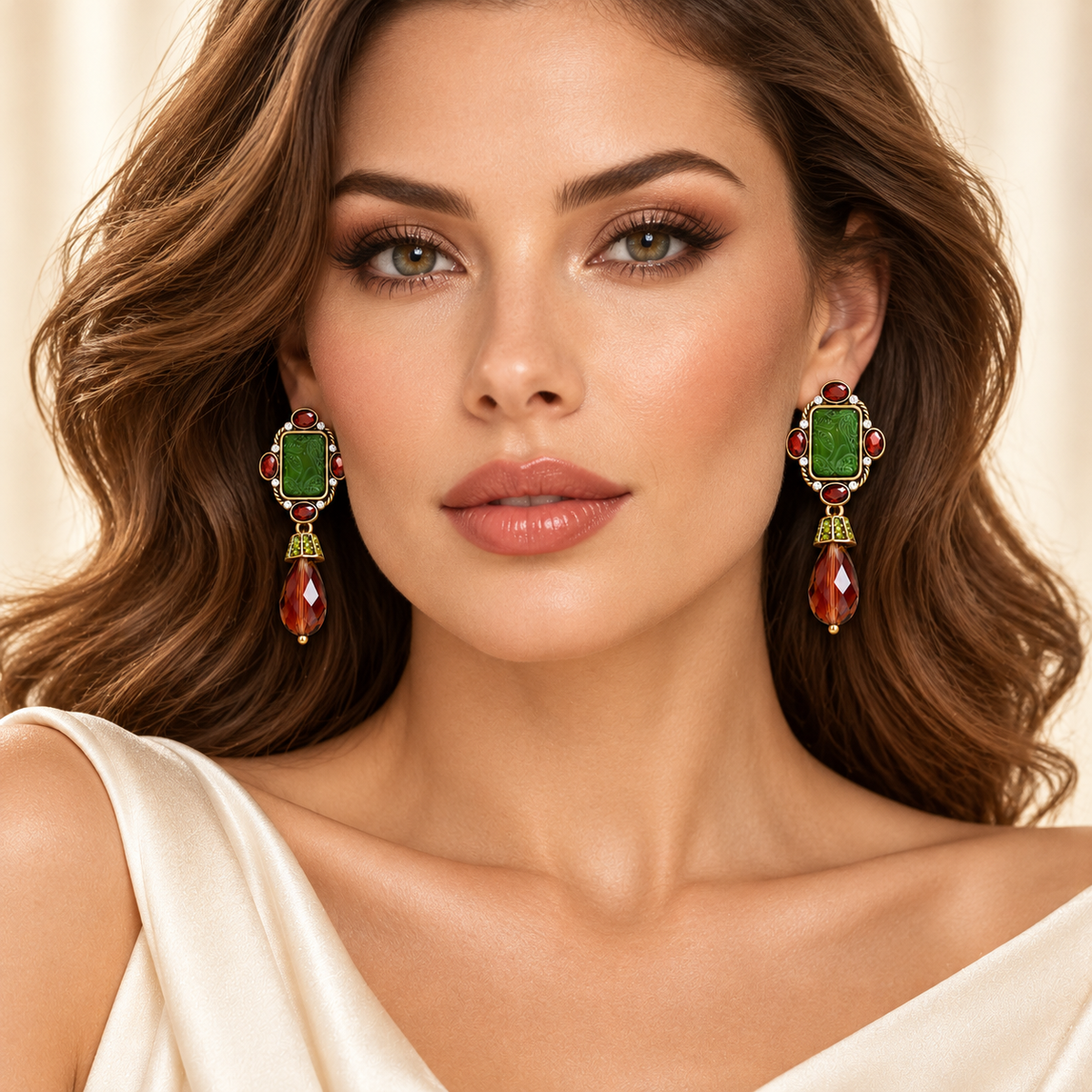 Luye court green glass drop earrings — photo 2