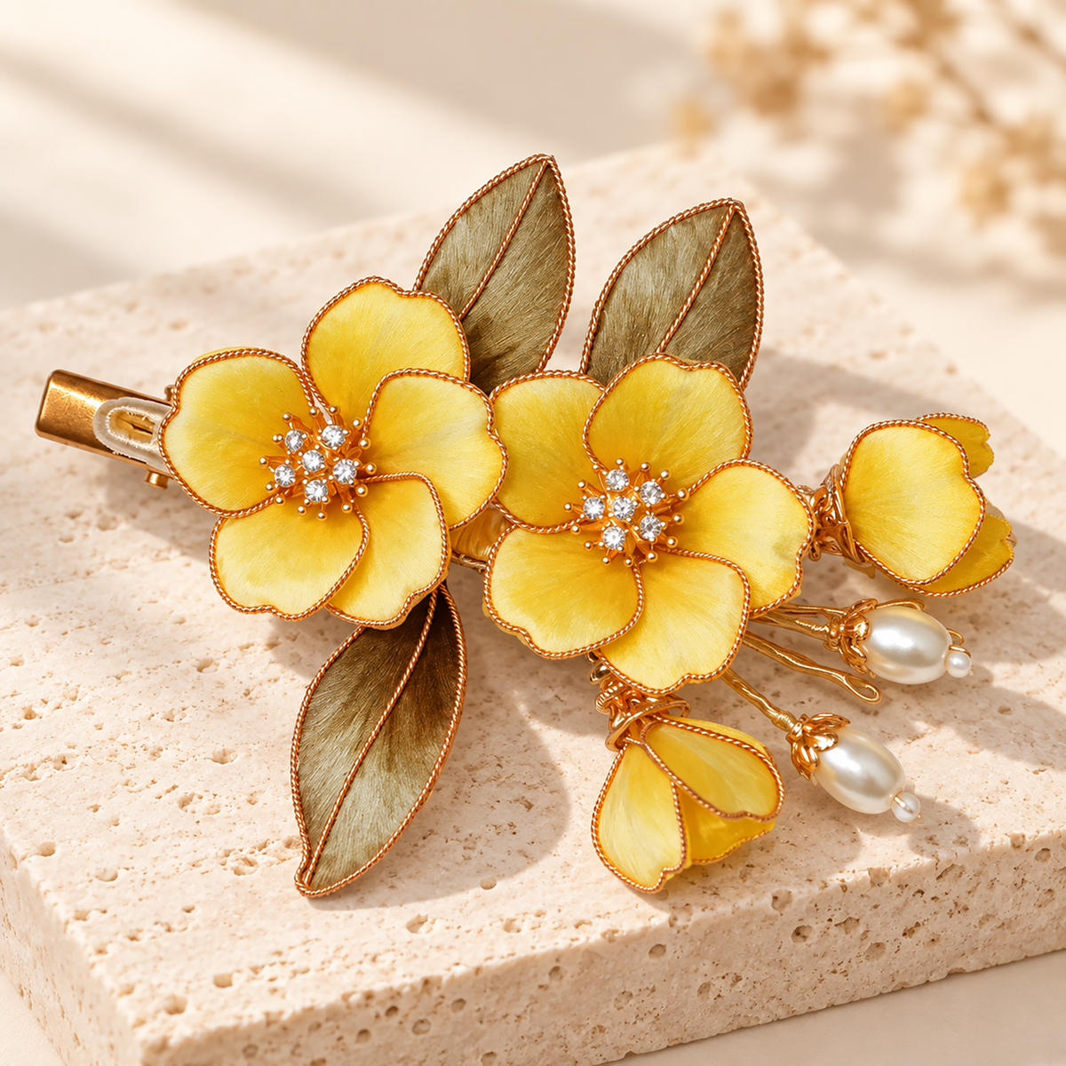 Yellow osmanthus Ronghua hair clip on a textured stone block