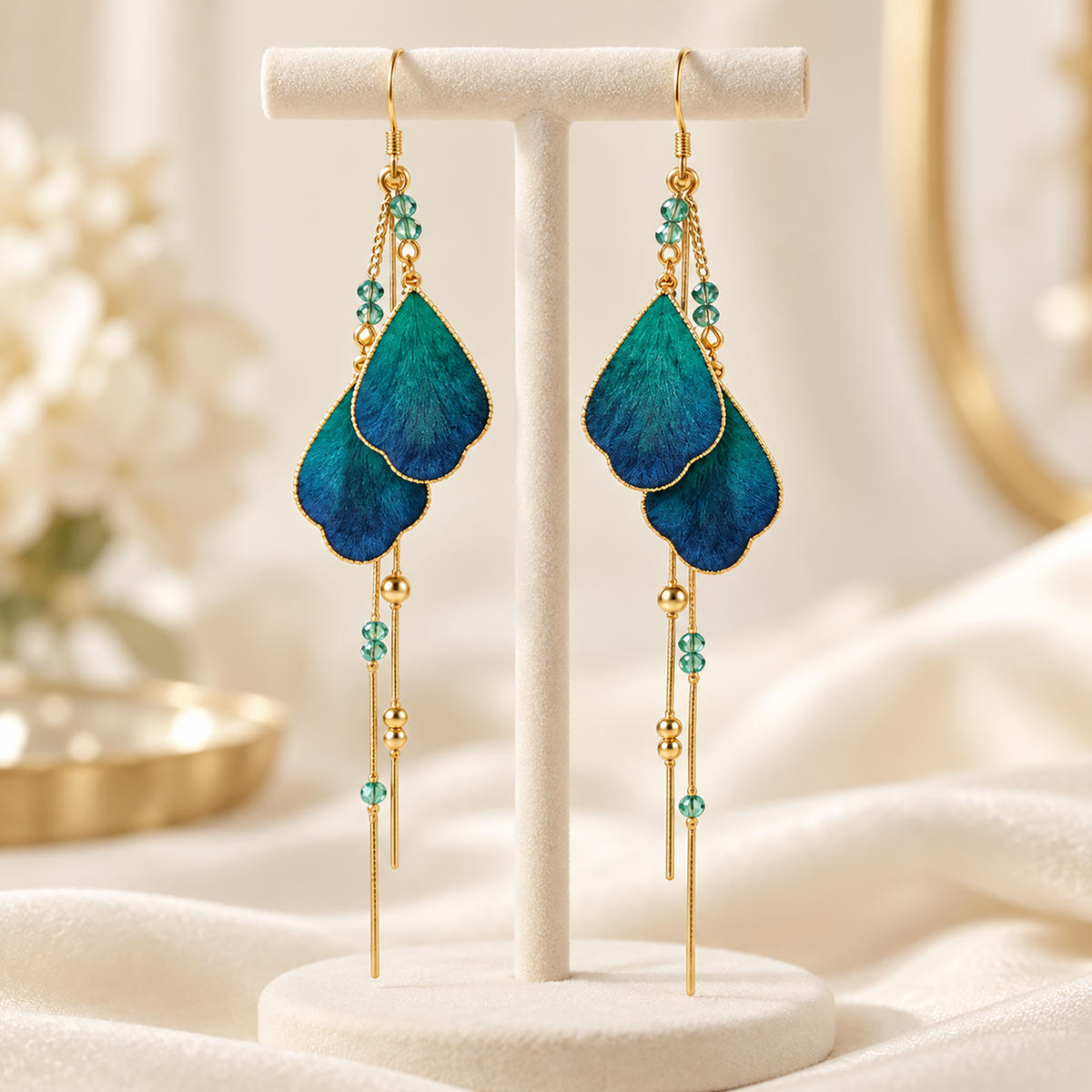 Teal-blue silk Ronghua drop earrings hanging from a display stand, fishhook wires visible