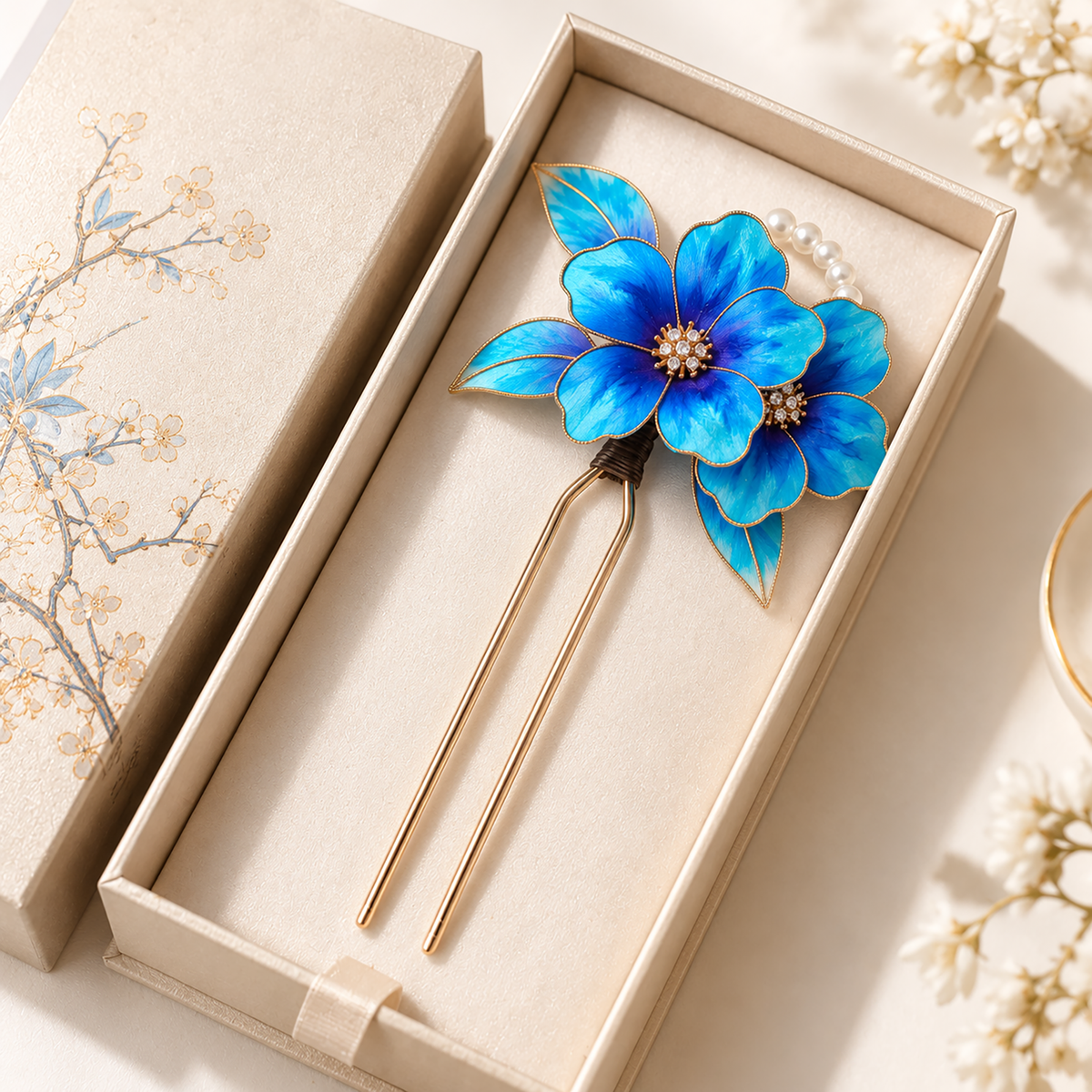 Blue porcelain Ronghua hairpin in a cream presentation box