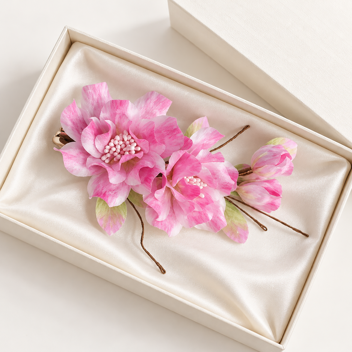 Pink begonia Ronghua hair clip in a cream gift box