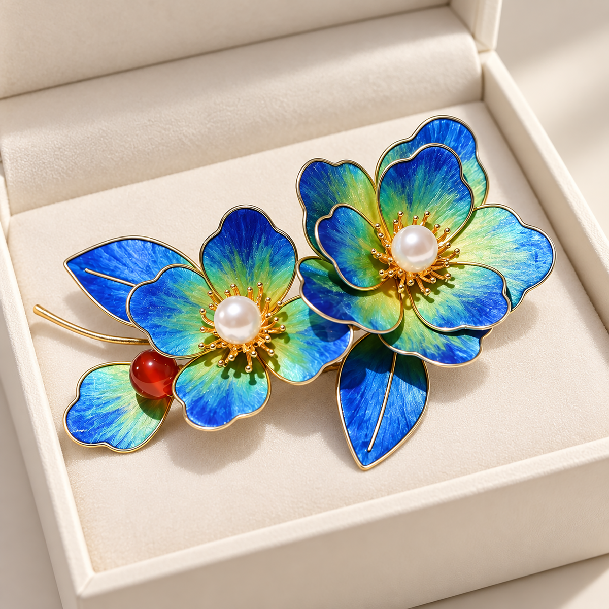 Blue green blossom Ronghua hair clip presented in an ivory box