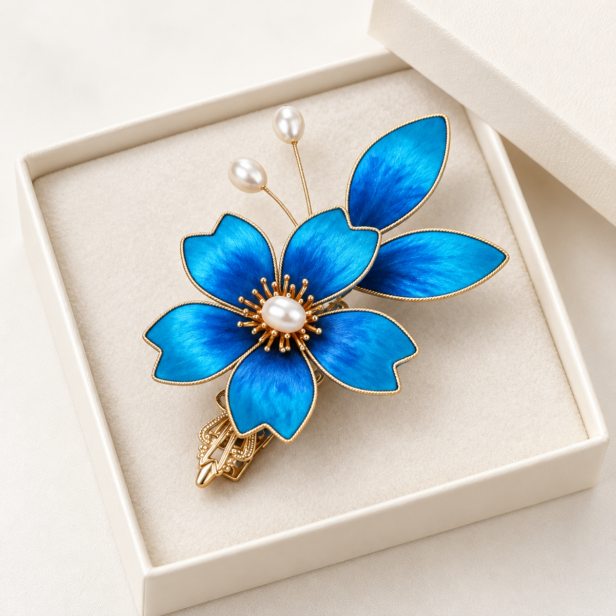 Blue Begonia Ronghua hair clip in its gift box