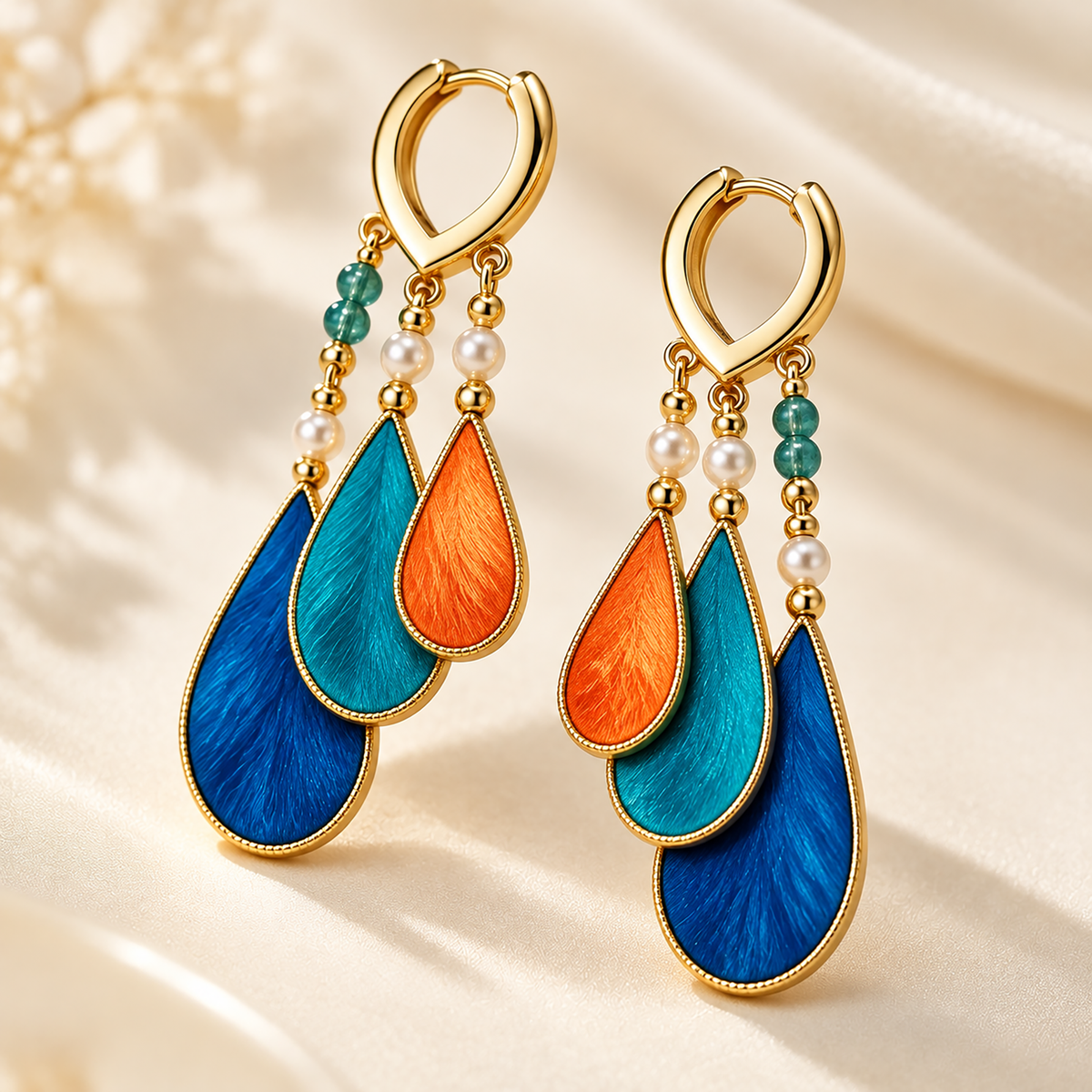 Blue teal orange silk Ronghua drop earrings with three staggered teardrops on cream fabric