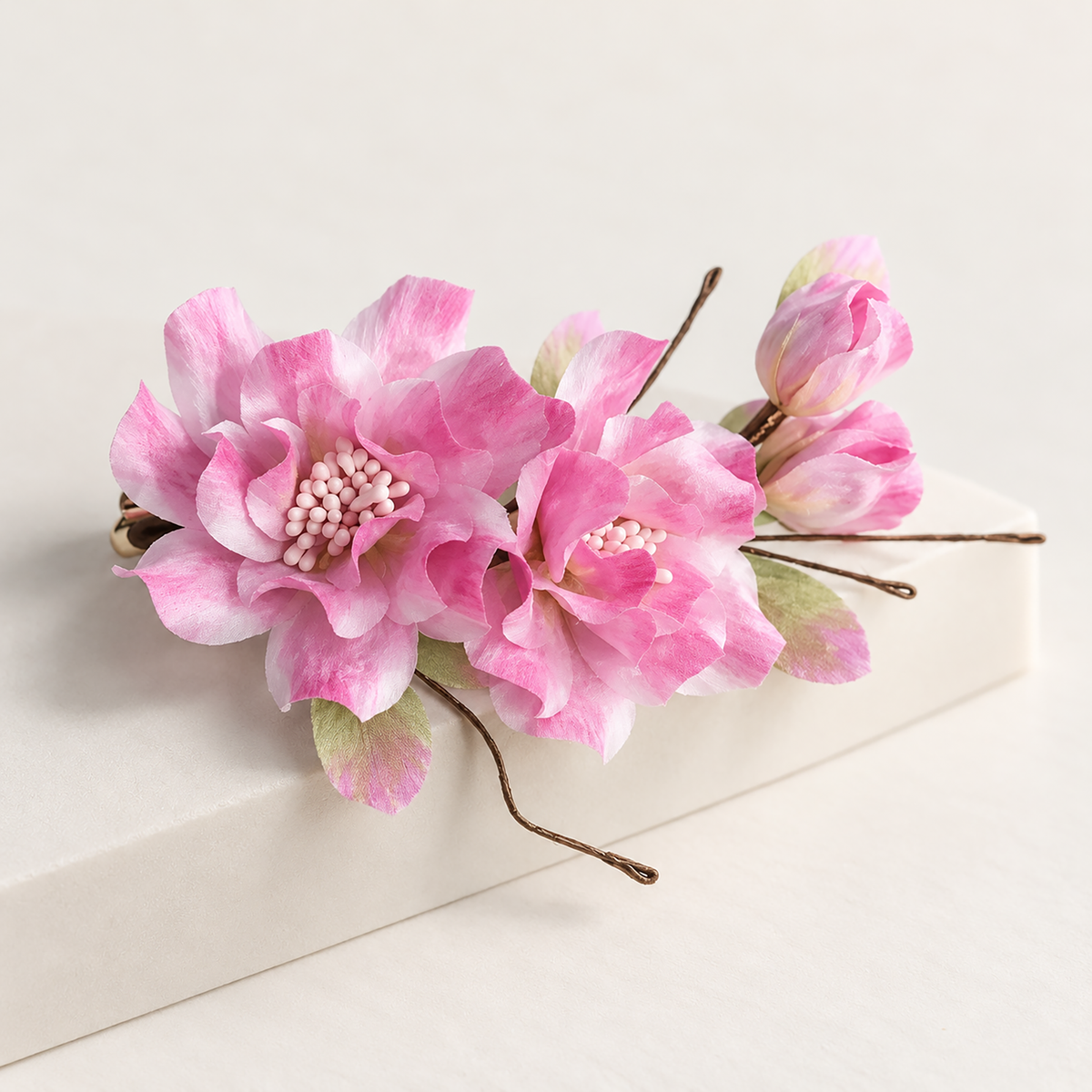 Pink Begonia Ronghua hair clip product detail with buds and leaves