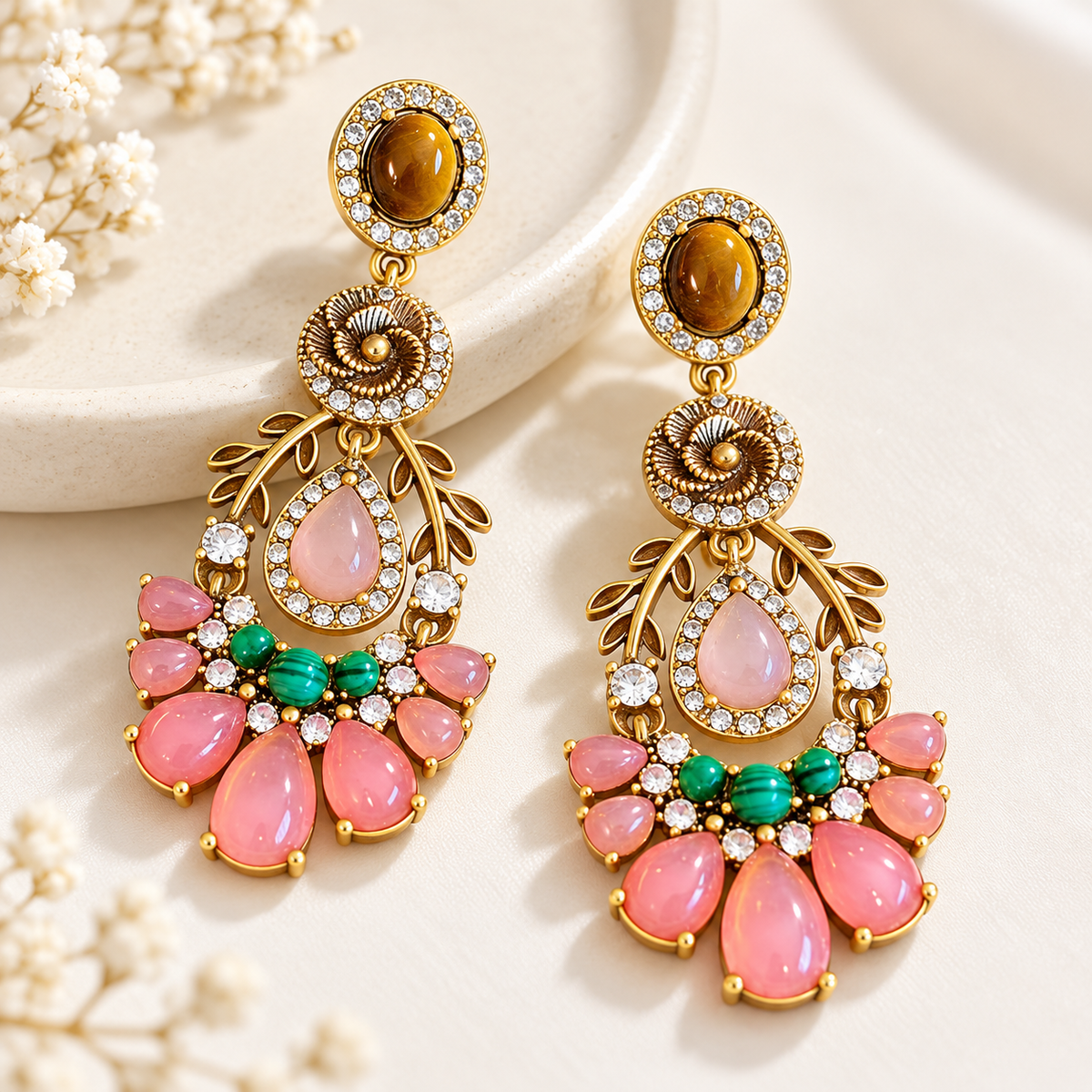 Nifei court pink glass tiger-eye drop earrings — photo 3