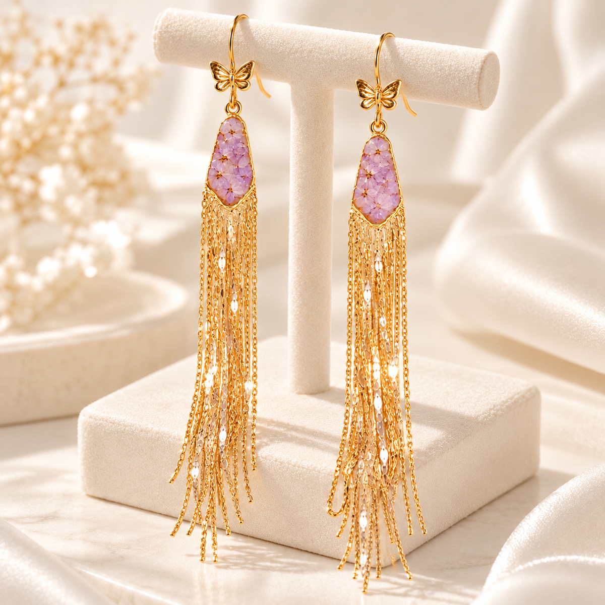 Zijin preserved flower gold tassel earrings — photo 3
