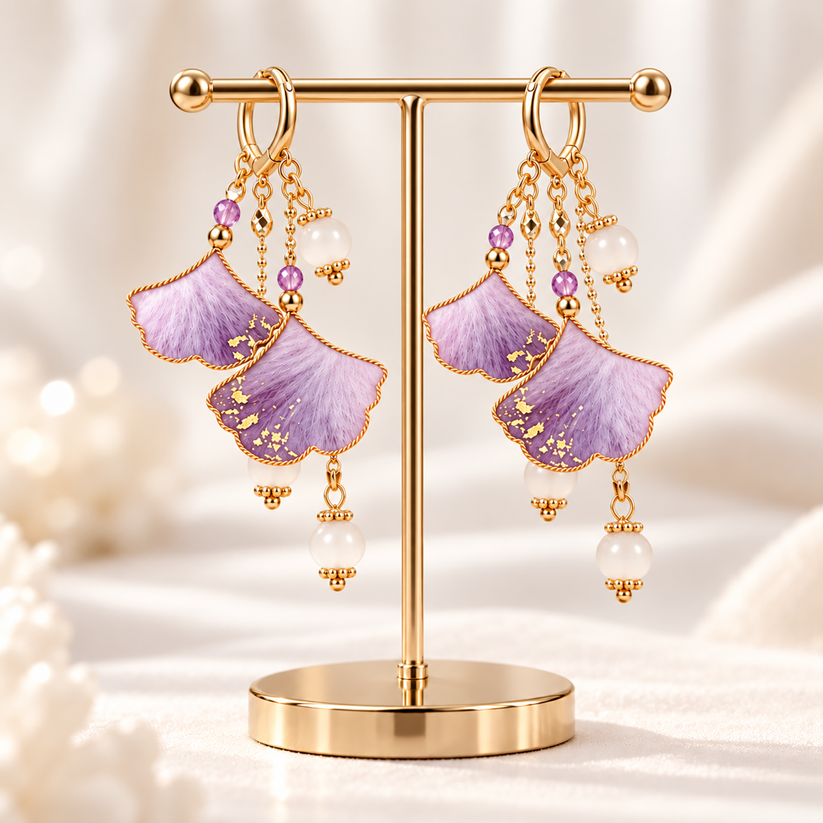 Twin purple ginkgo silk Ronghua drop earrings hanging from a display stand, hoop closures and white bead drops visible