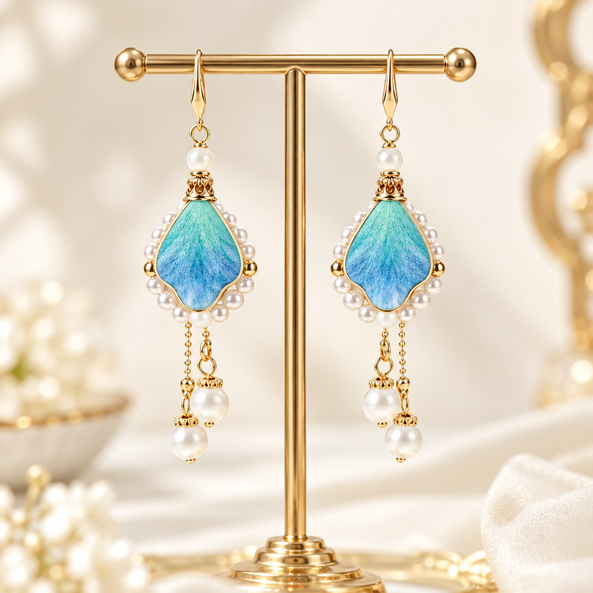 Blue-teal silk Ronghua drop earrings on cream fabric