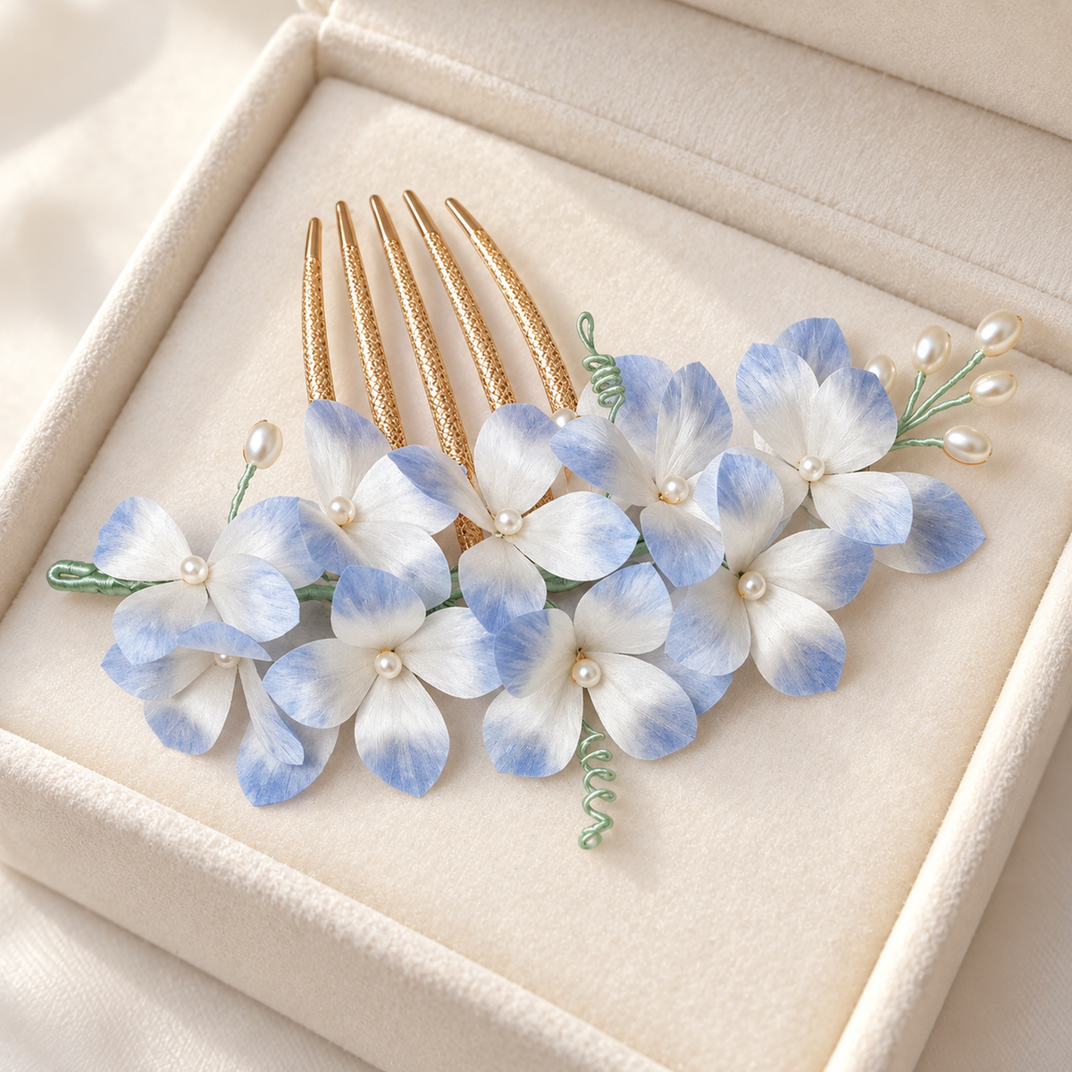 Blue hydrangea hair comb in an ivory gift box showing the gold-tone teeth