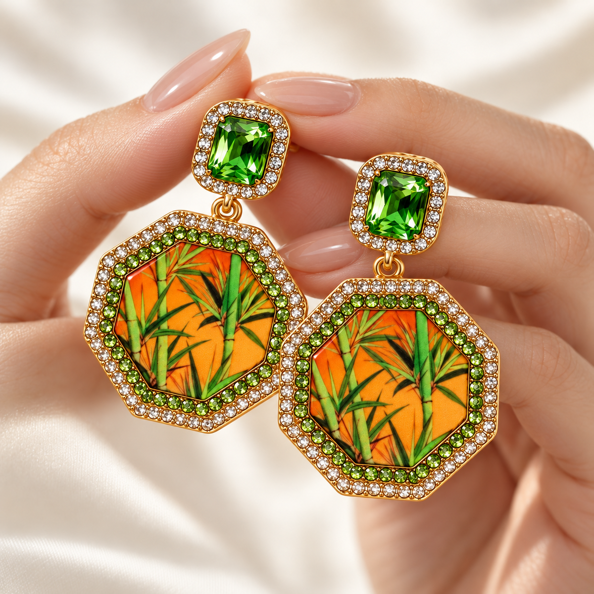 Yaozhu bamboo panel green drop earrings — photo 3
