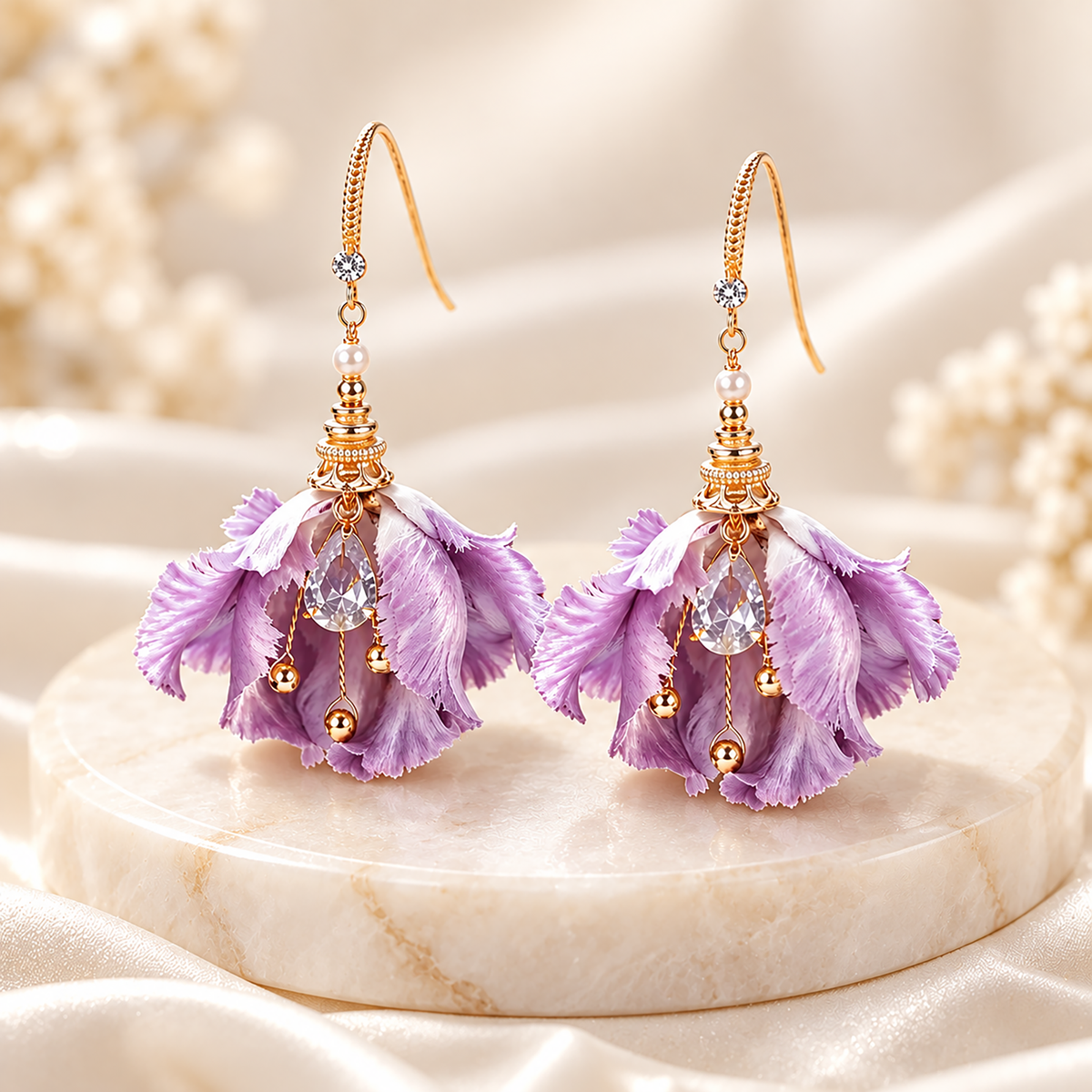Purple iris silk drop earrings with fishhook wires standing on a cream marble plinth