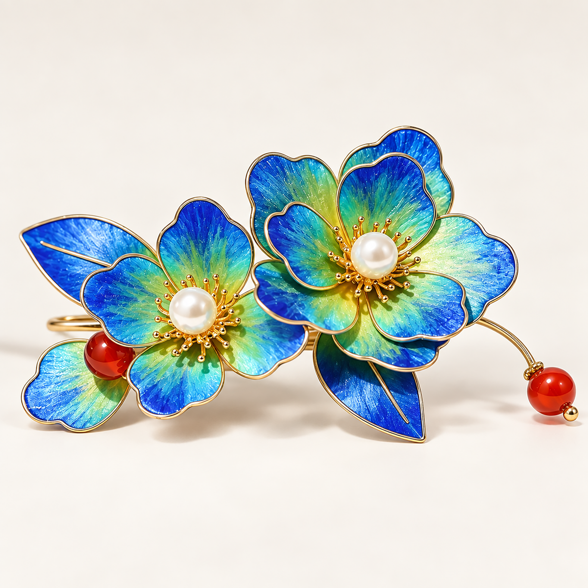 Blue green blossom silk Ronghua hair clip on an ivory background