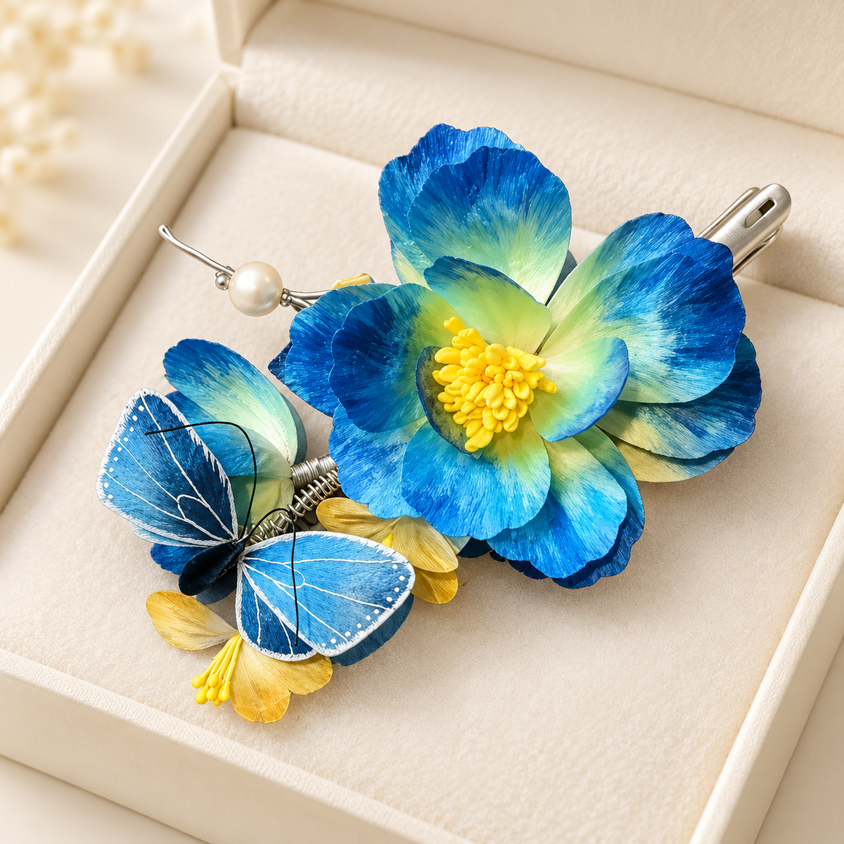 Blue blossom butterfly hair clip in a gift box