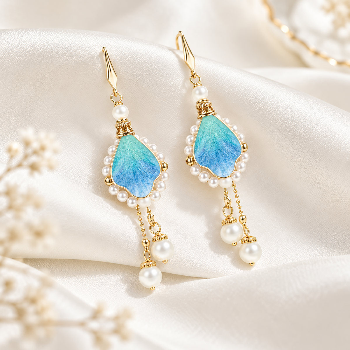 Blue-teal silk drop earrings with fishhook wires and pearl-like drops