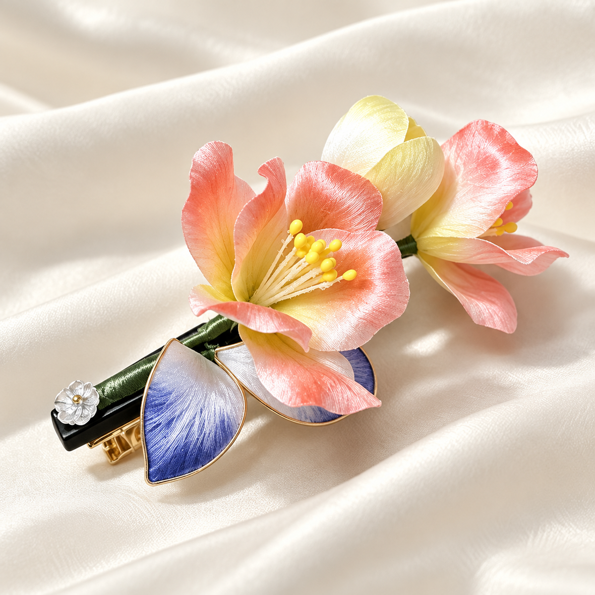 Shaoguang blossom hair clip on silk fabric