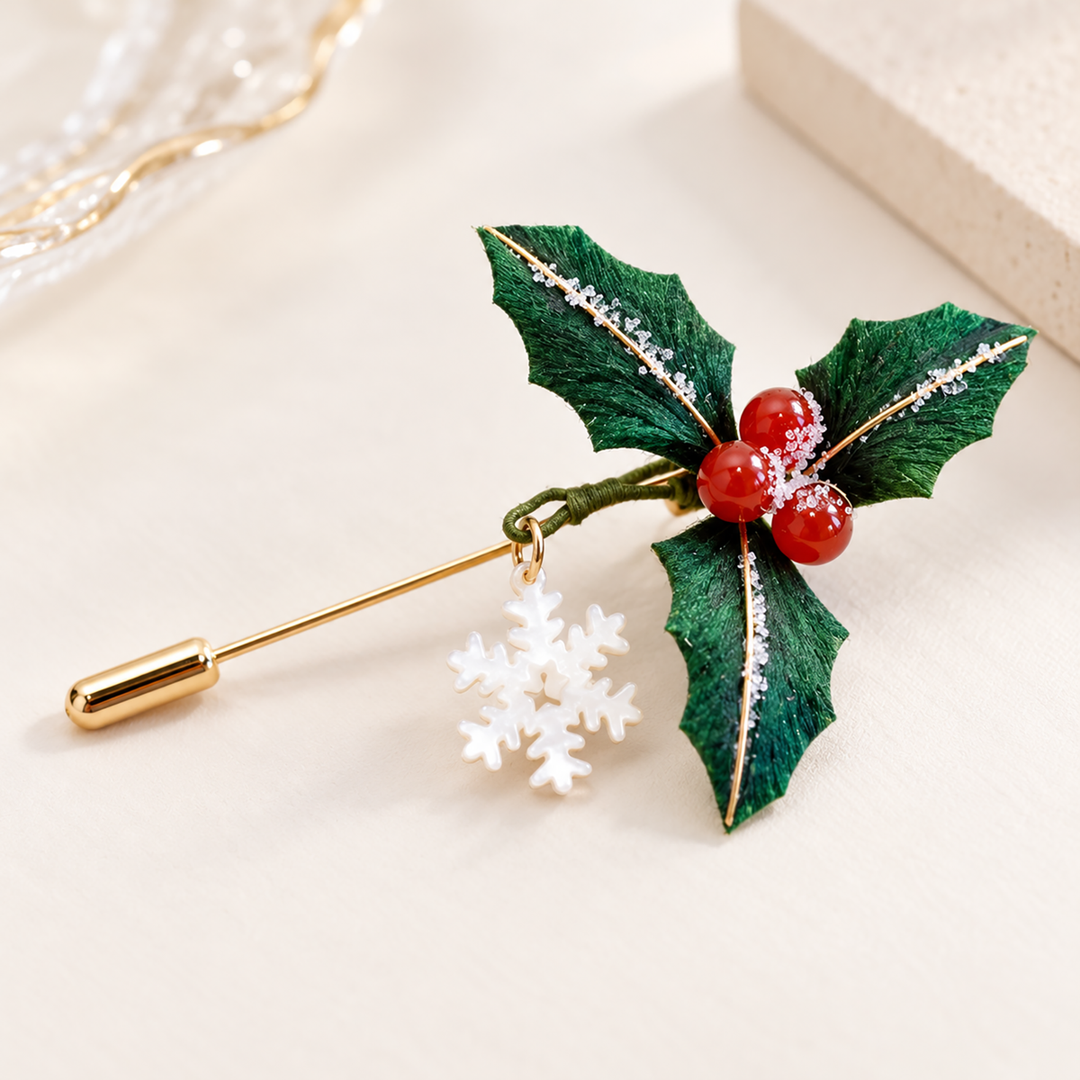 Holly Snowflake Ronghua brooch with snowflake charm