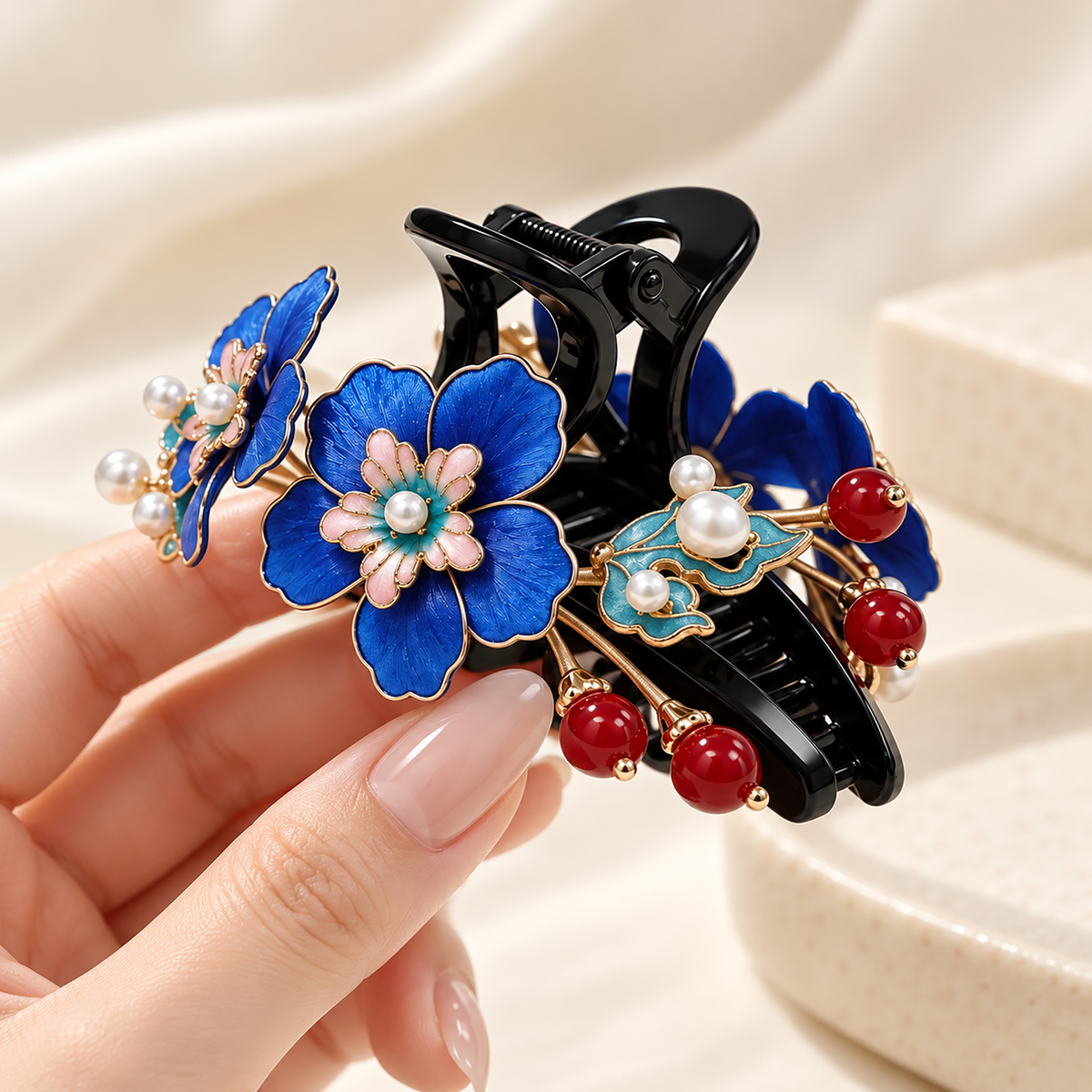 Twin blue Ronghua claw hair clip worn in hair