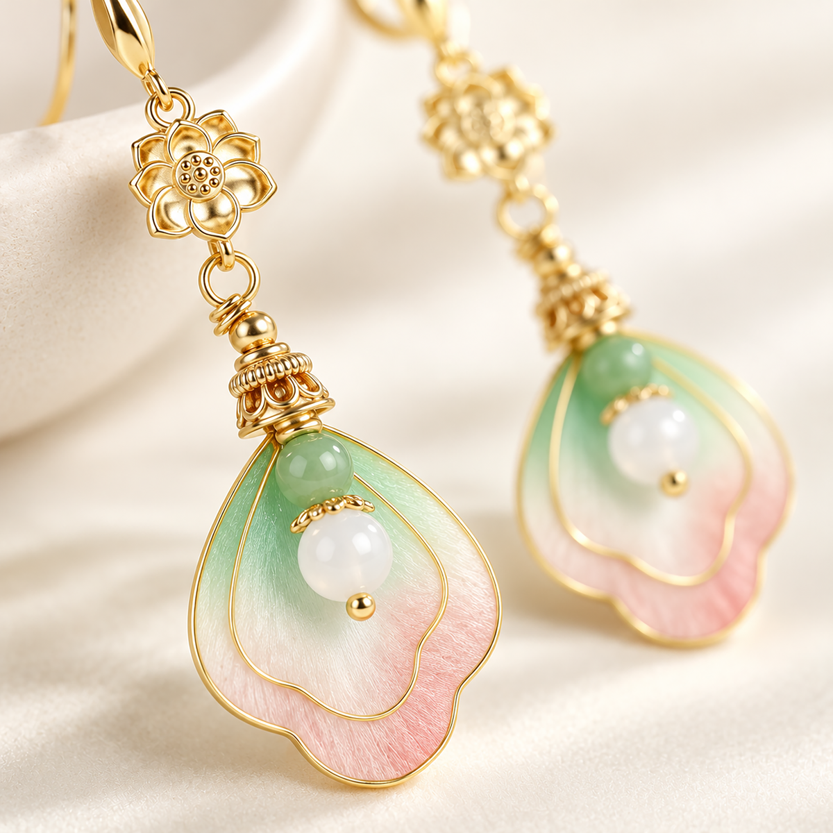 Pink-mint lotus silk drop earrings with lotus charm and bead accents