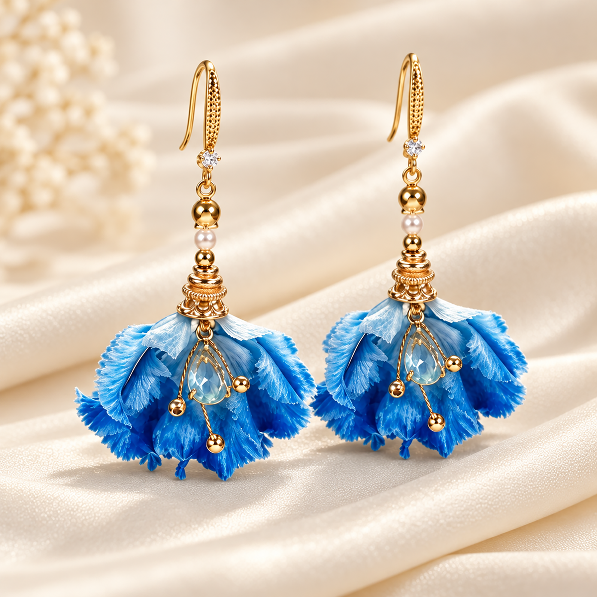 Blue water-iris silk drop earrings with teardrop centre and fishhook wires