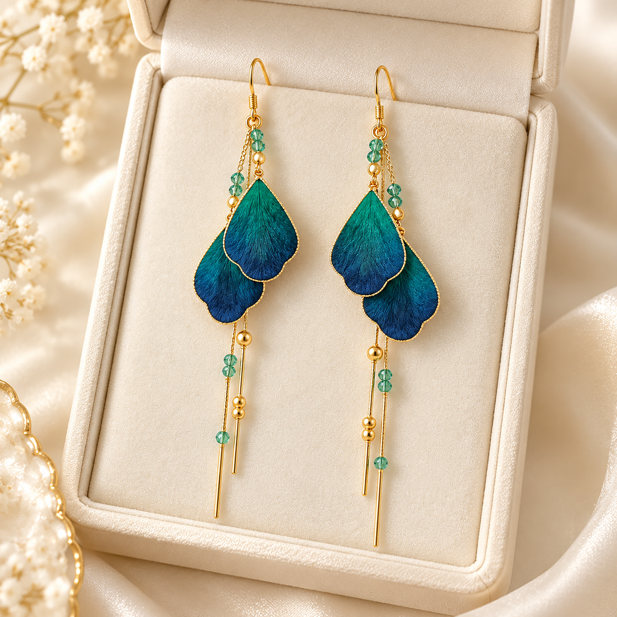 Teal-blue silk drop earrings in a cream jewelry box