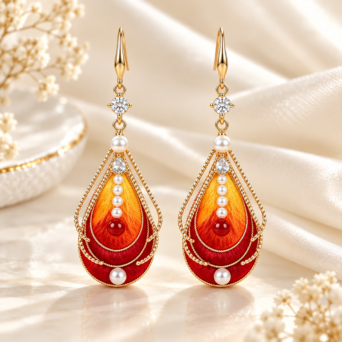 Vermilion-bird silk drop earrings with a red and orange flame teardrop and fishhook wires, on cream fabric