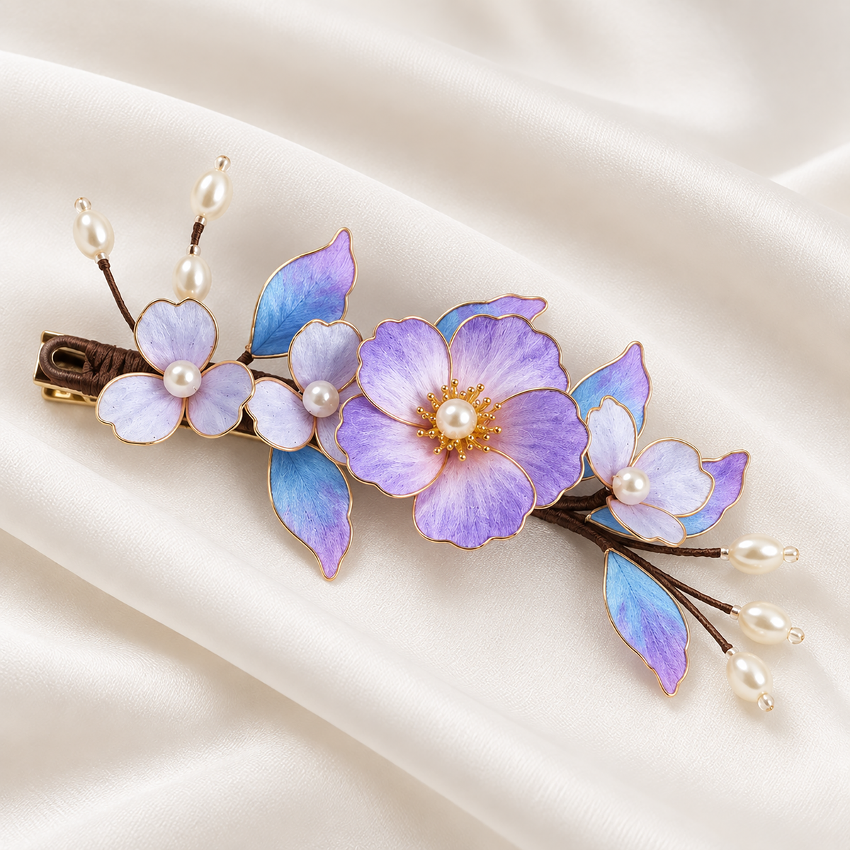 Purple blossom silk Ronghua hair clip on ivory fabric