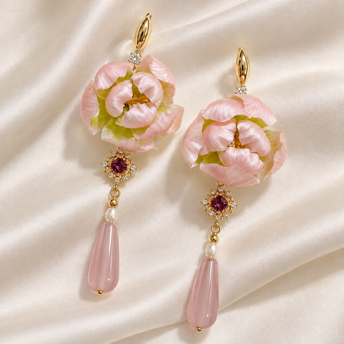 Pink Peony Bud Ronghua Drop Earrings — photo 4