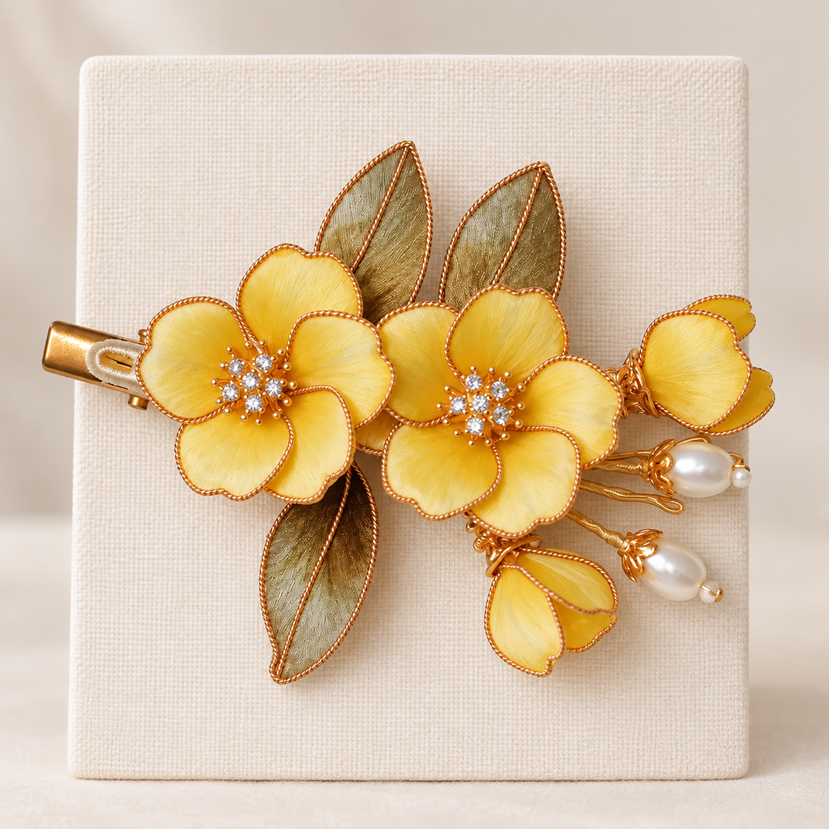 Yellow osmanthus hair clip displayed on an ivory linen board