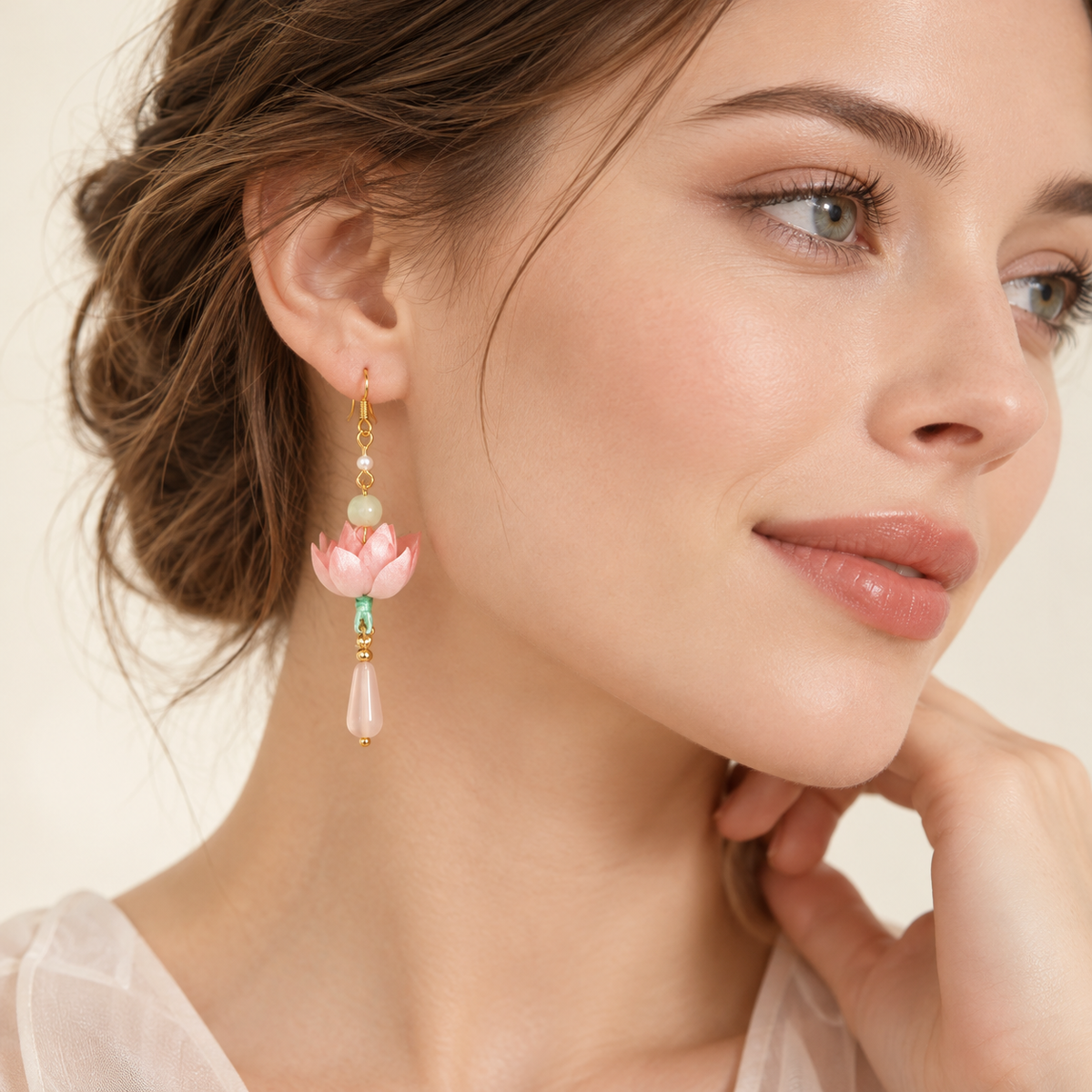 Qinghe lotus Ronghua drop earrings worn, side profile