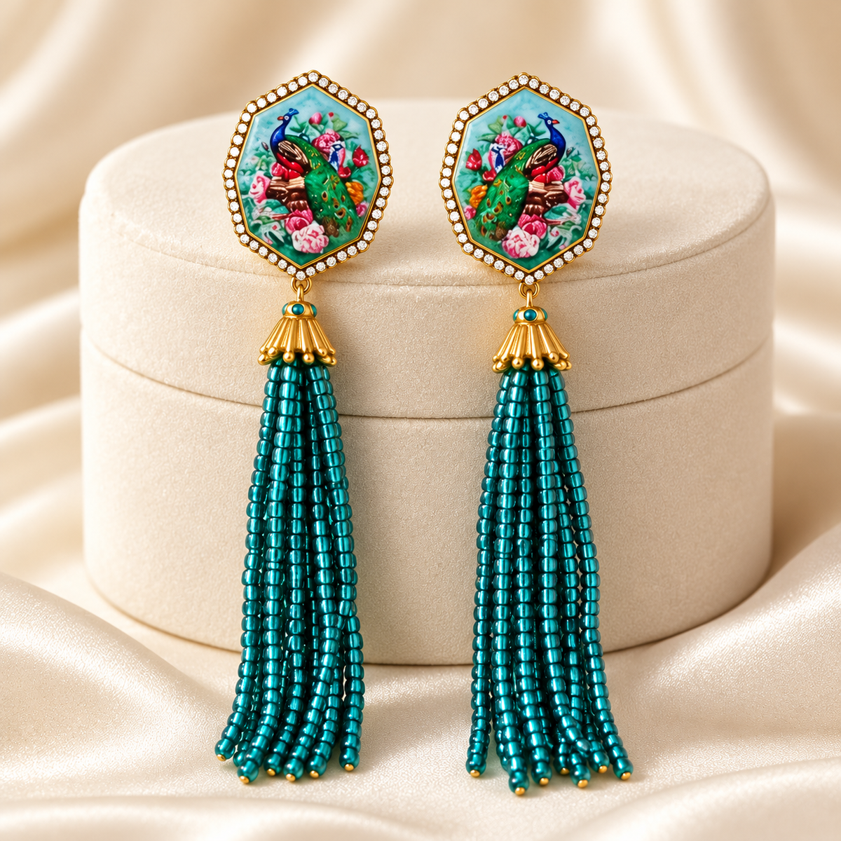 Kongqueling enamel peacock bead tassel stud earrings — photo 4