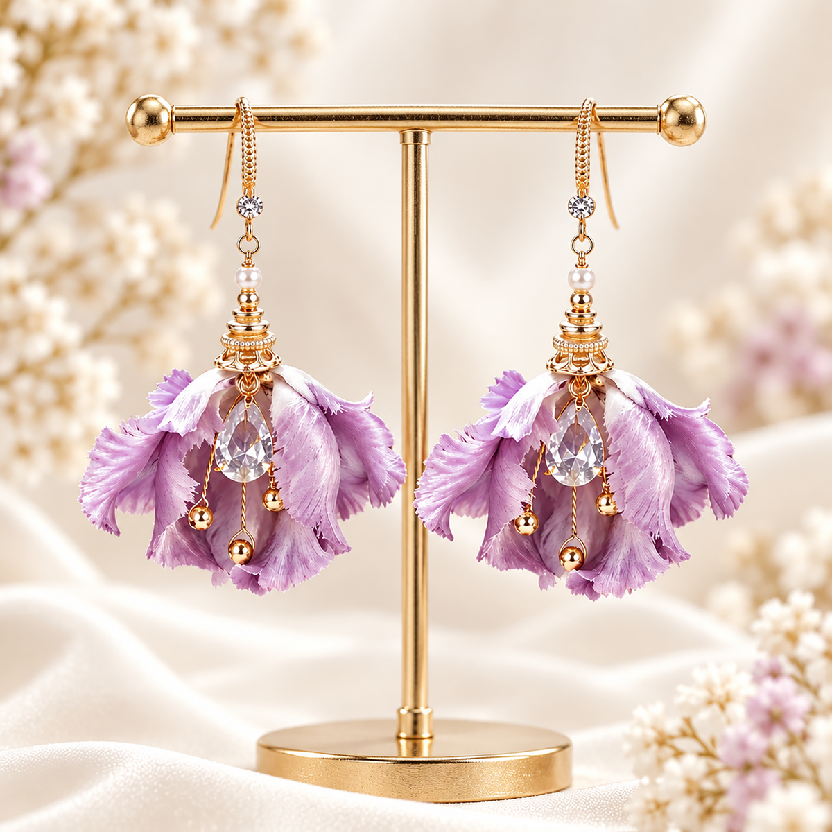 Purple iris silk Ronghua drop earrings hanging from a display stand, fishhook wires visible