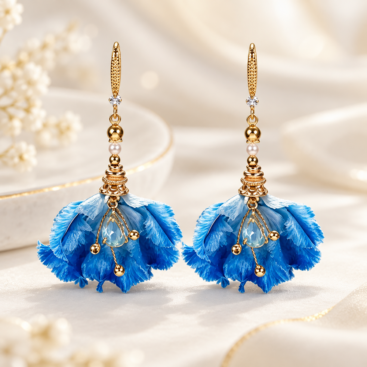 Blue water-iris silk Ronghua earrings on cream background