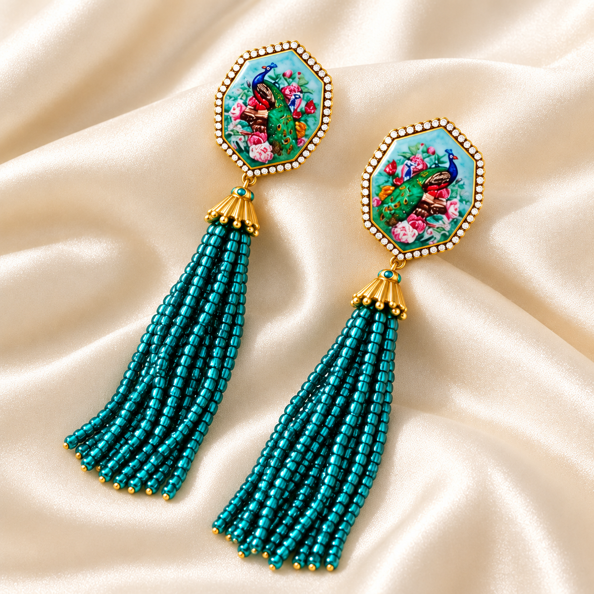 Kongqueling enamel peacock bead tassel stud earrings — photo 5