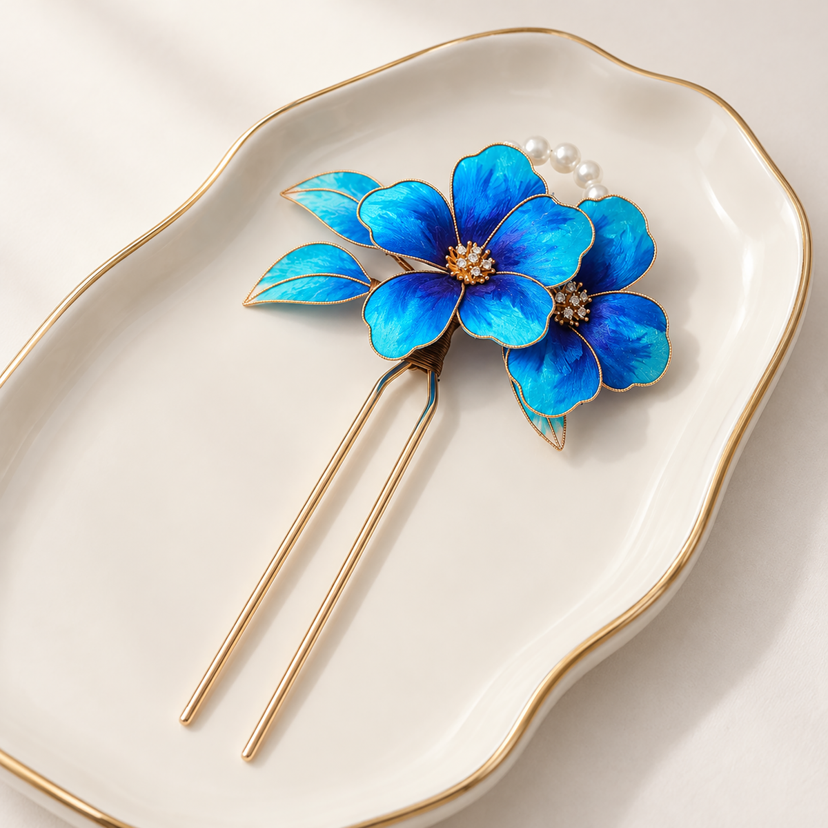 Blue silk Ronghua hairpin with crystal-like flower centres